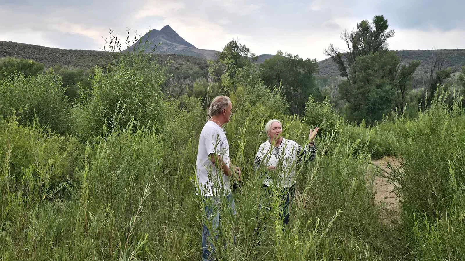 Sharon O’Toole talks about conservation work her family has done on the Ladder Ranch over the years. The Petite Tetons, renamed from Squaw Mountains, are in the background.