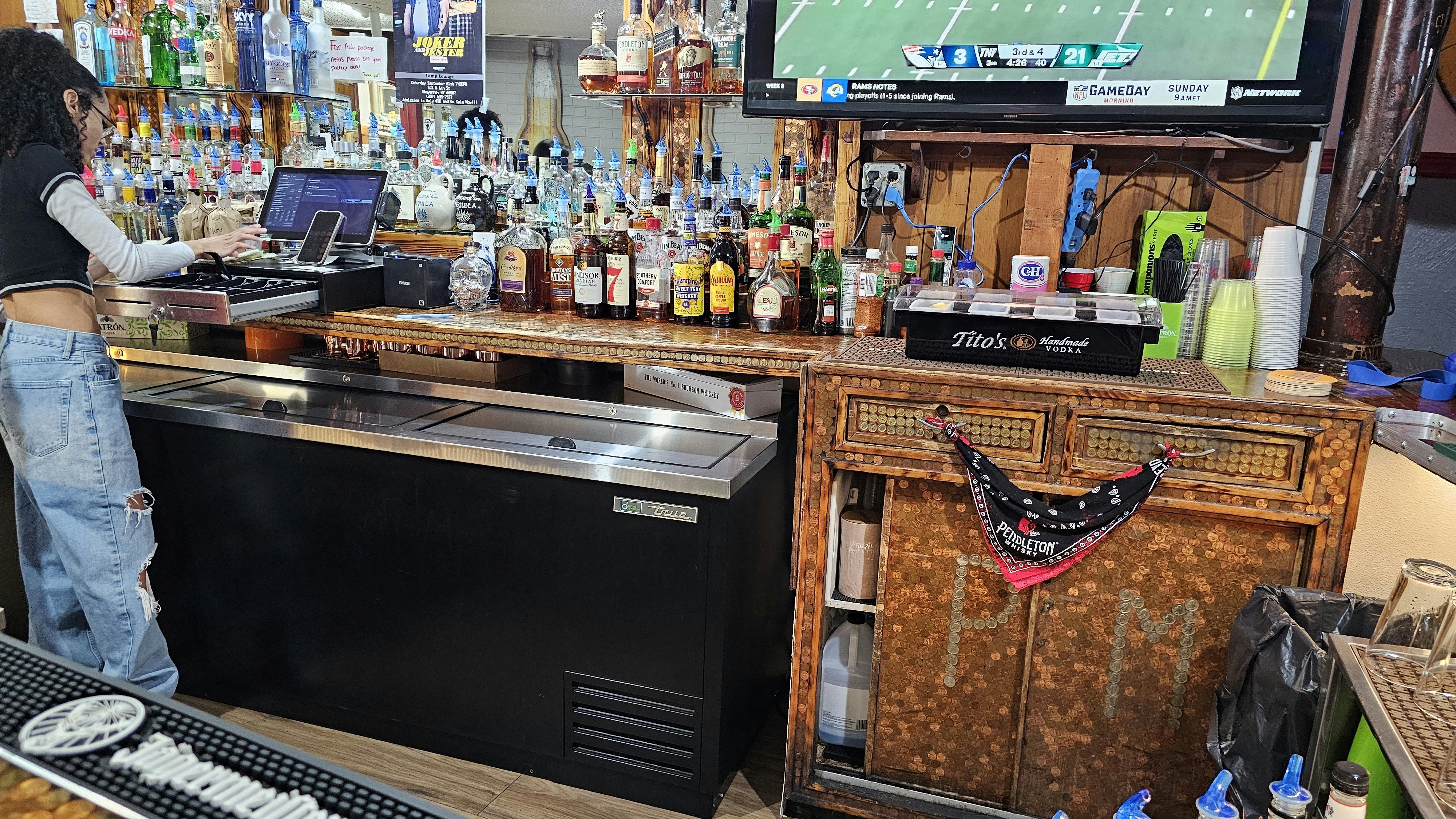 The other side of the back bar in the Lamp Lounge on the south side of Cheyenne is also made of pennies.