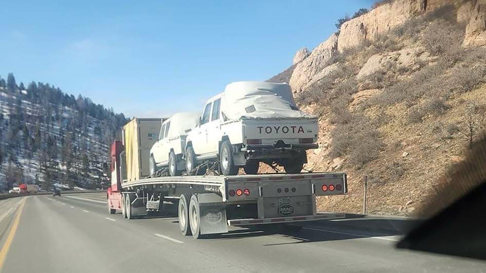 Two 70 Series Land Cruisers spotted on I-80 near Laramie. Jeremiah Proffitt, owner of Proffitt’s Resurrection Land Cruisers, believes these were acquired from Saudi Arabia, and were likely headed to a military contractor to be "dissected" for defense research.