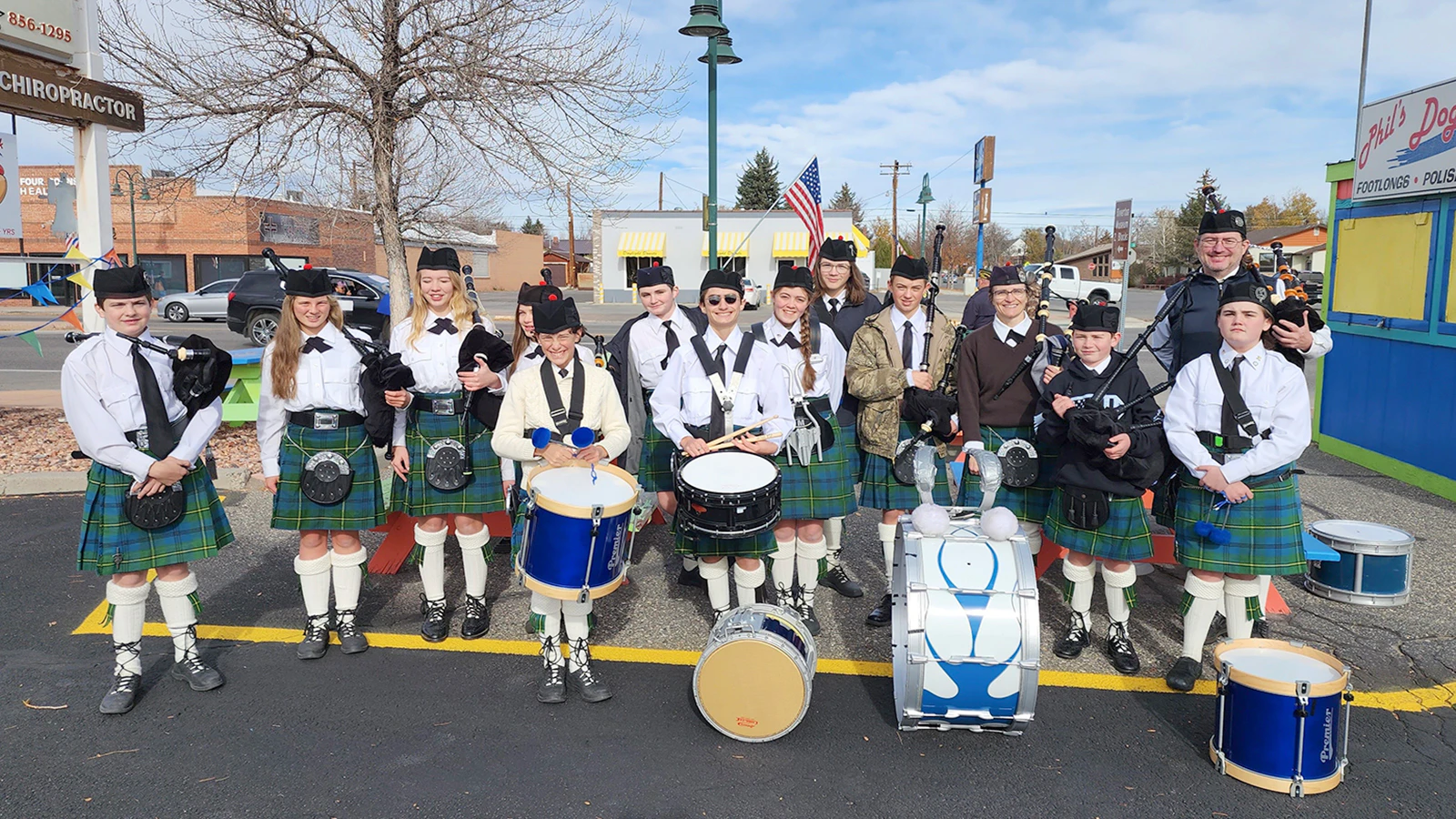 The Lander Pipe Band in 2023 in the Veteran's Day Parade in Riverton.