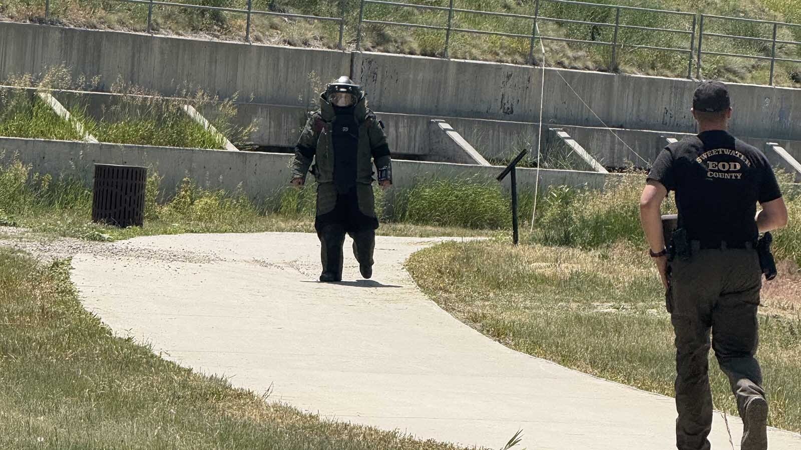 A bomb squad was called Wednesday, June 25, 2025, in response to what looked like a pipe bomb along Landers Idyllic Popo Agie River walk. The device was X-rayed and determined to be a fake pipe bomb.
