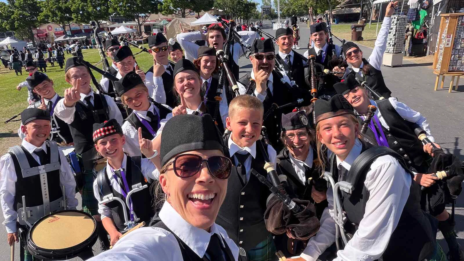 The Lander Pipe Band won first place at the pipe band contest in Salt Lake City in June 2026, led by Melissa Bautz.