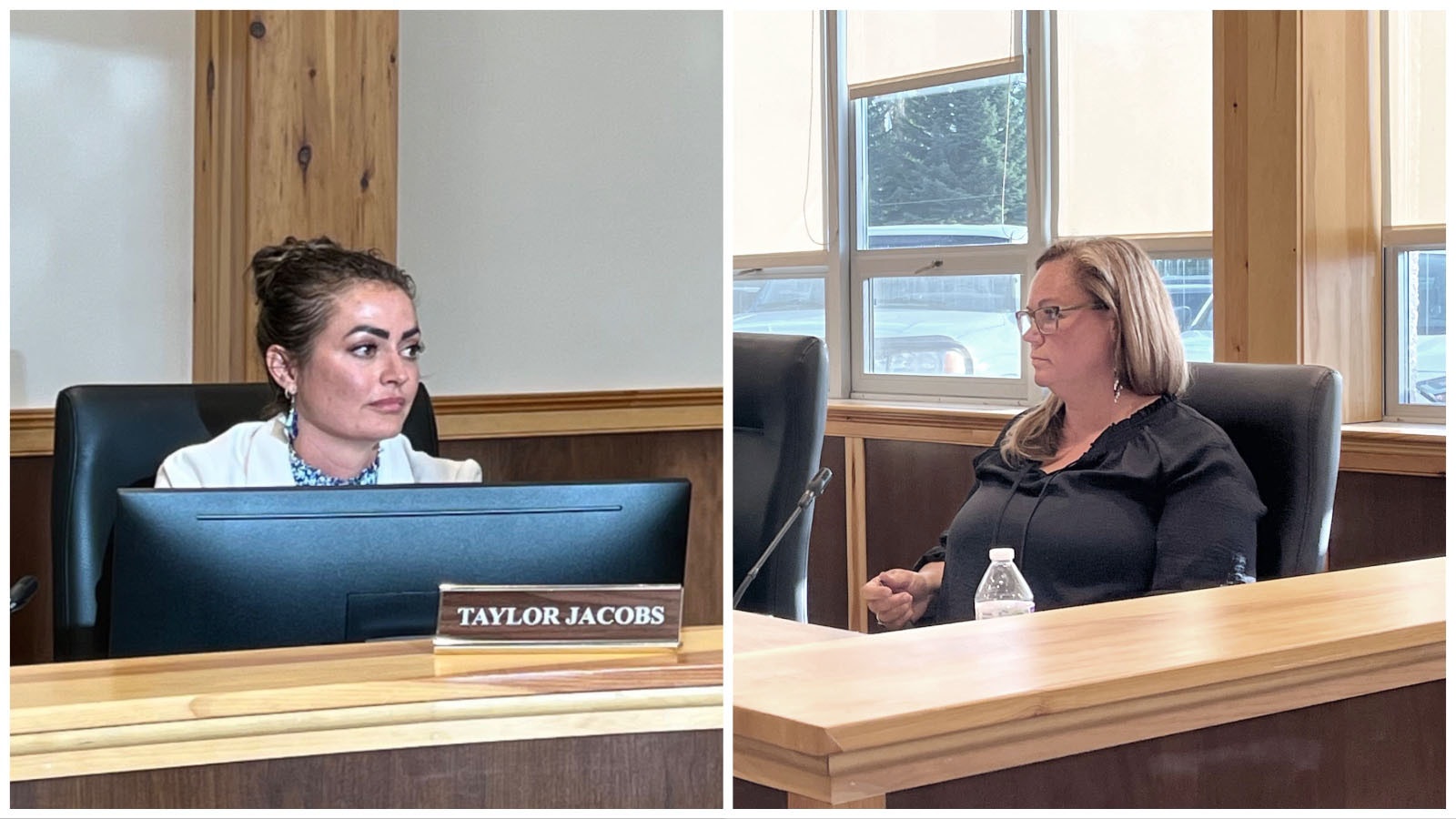 Fremont County School District No. 1 board members Taylor Jacobs, left, and Karen Harms squared off during Tuesday's meeting about a tougher policy for choosing books for school libraries.