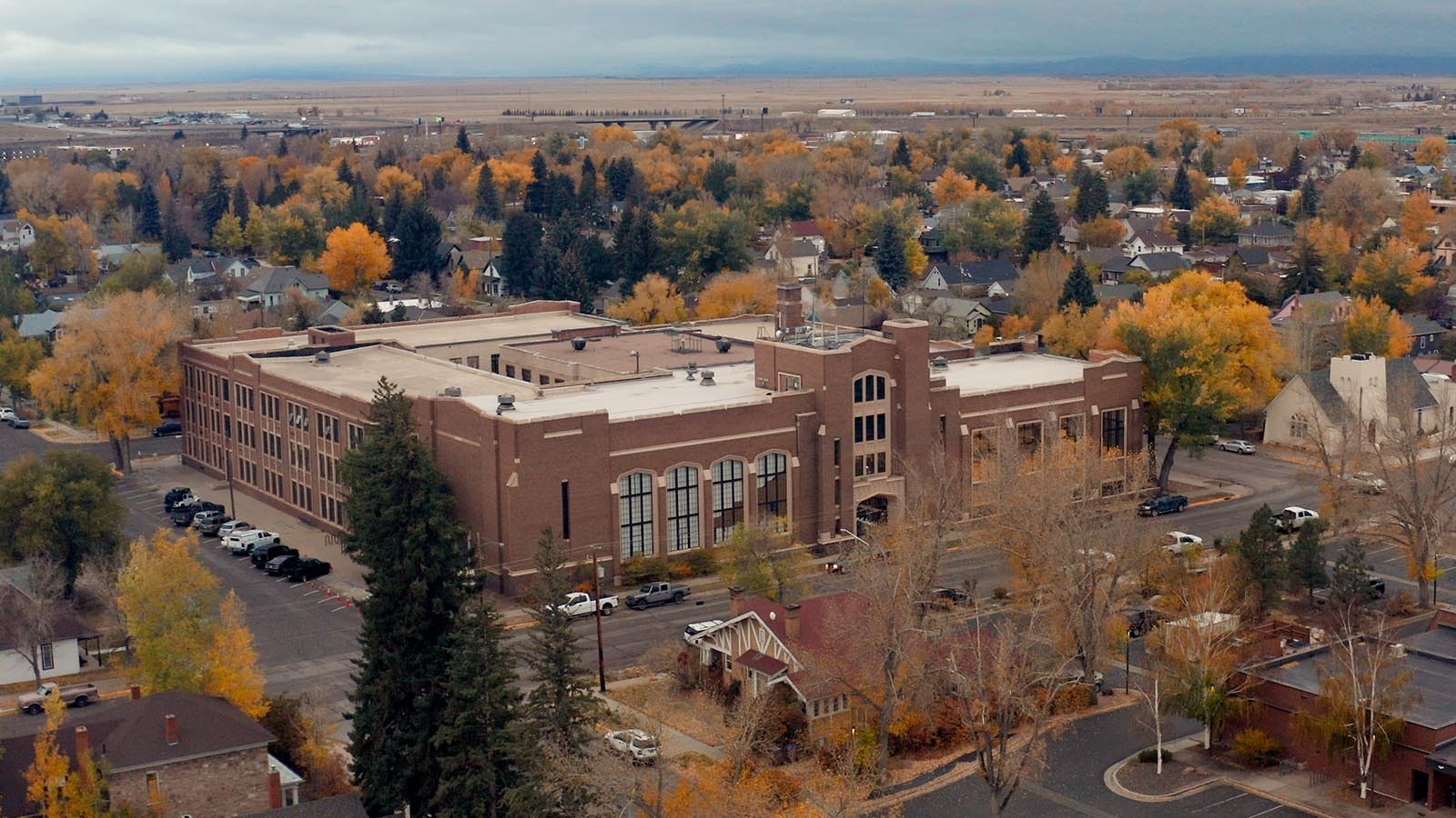 The Laramie Plains Civic Center is seen from an aerial perspective in October 2024.