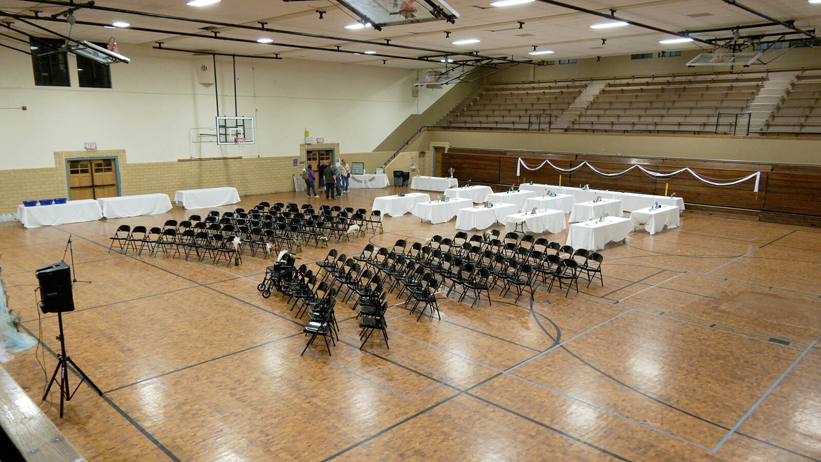 The paranormal team stops briefly in the south gym of the civic center while conducting their investigation. There is an occupied apartment with a door inside the gym that often confuses visitors with various noises.