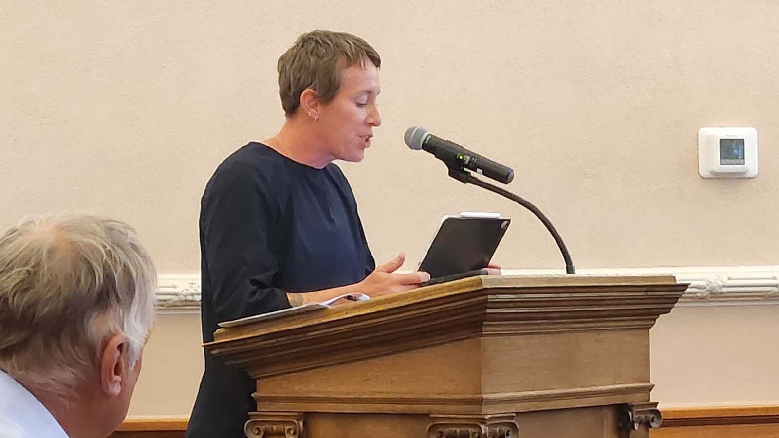 Allison Poe, director of enviroment affairs and permitting for Repsol, discusses her company's proposed Laramie Range Wind Project with Laramie County Commissioners on Tuesday, Sept. 16, 2025.