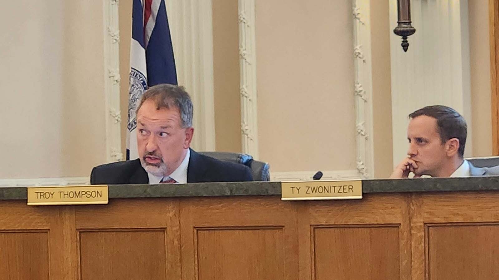 Commissioners Troy Thompson and Ty Zwonitzer hear testimony from a Repsol representative as they weigh the Laramie Range Wind Project on Tuesday, Sept. 16, 2025.