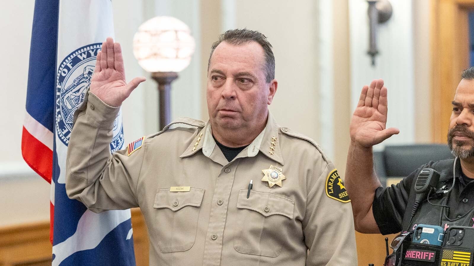 Laramie County Sheriff Brian Kozak is sworn in at the Laramie County Sheriff Press Conference announcing a new 25-officer ICE force for Laramie County on Oct. 1, 2025, in Cheyenne, Wyoming.