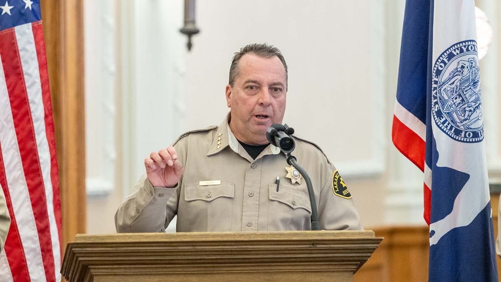 Laramie County Sheriff Brian Kozak speaks an event to announce a new 25-officer ICE force for Laramie County in Cheyenne on Wednesday, Oct. 1, 2025.