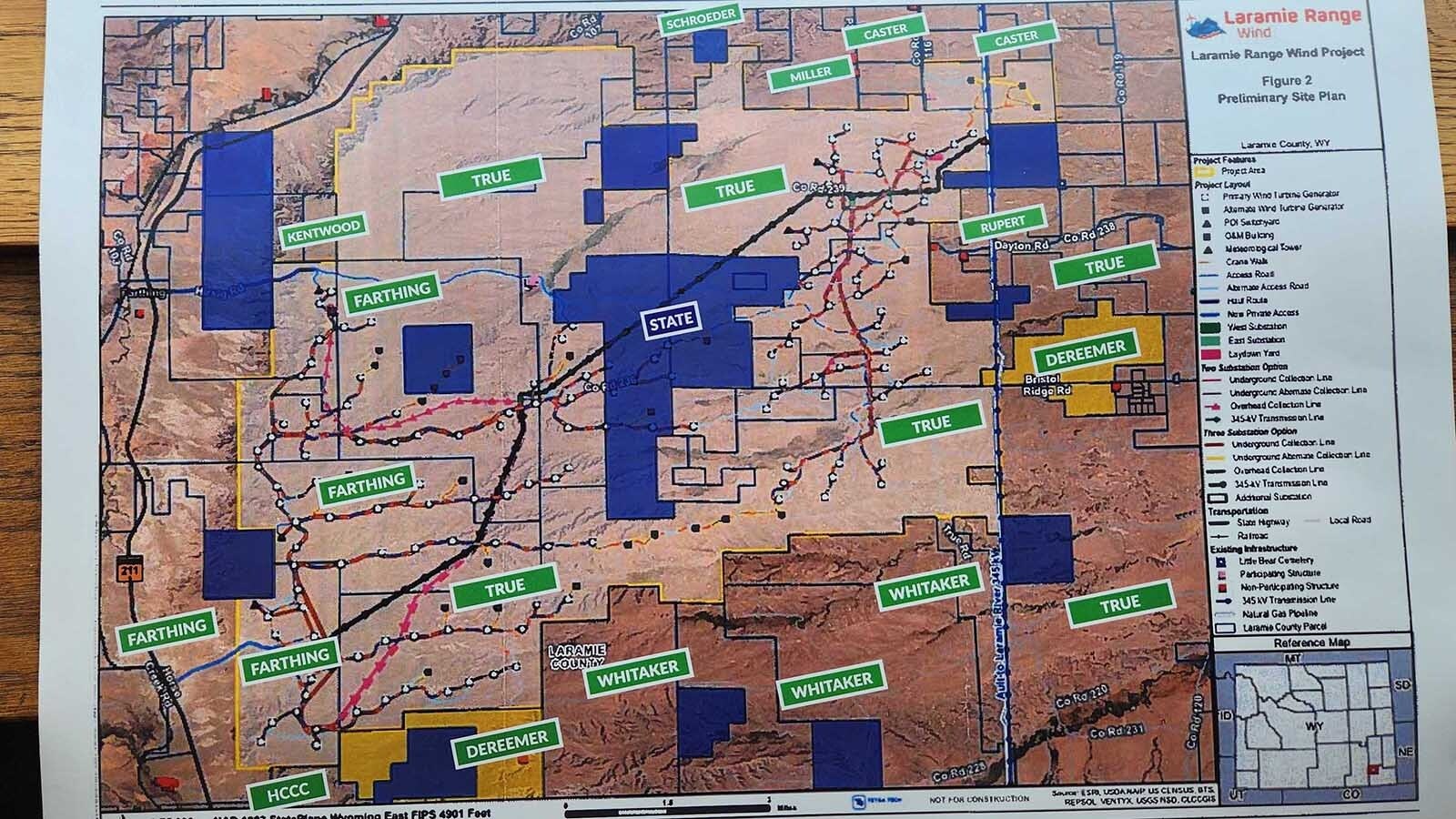 Laramie County locals clashed Thursday over a proposed 56,000-acre wind project that would cover an area nearly three times the size of Cheyenne. Some were ranchers advocating for property rights, others for impacts on wildlife like eagles and earthworms. This map created by Realtor Wendy Volk shows Repsol's proposed wind farm with state and private land in and around the project labeled.
