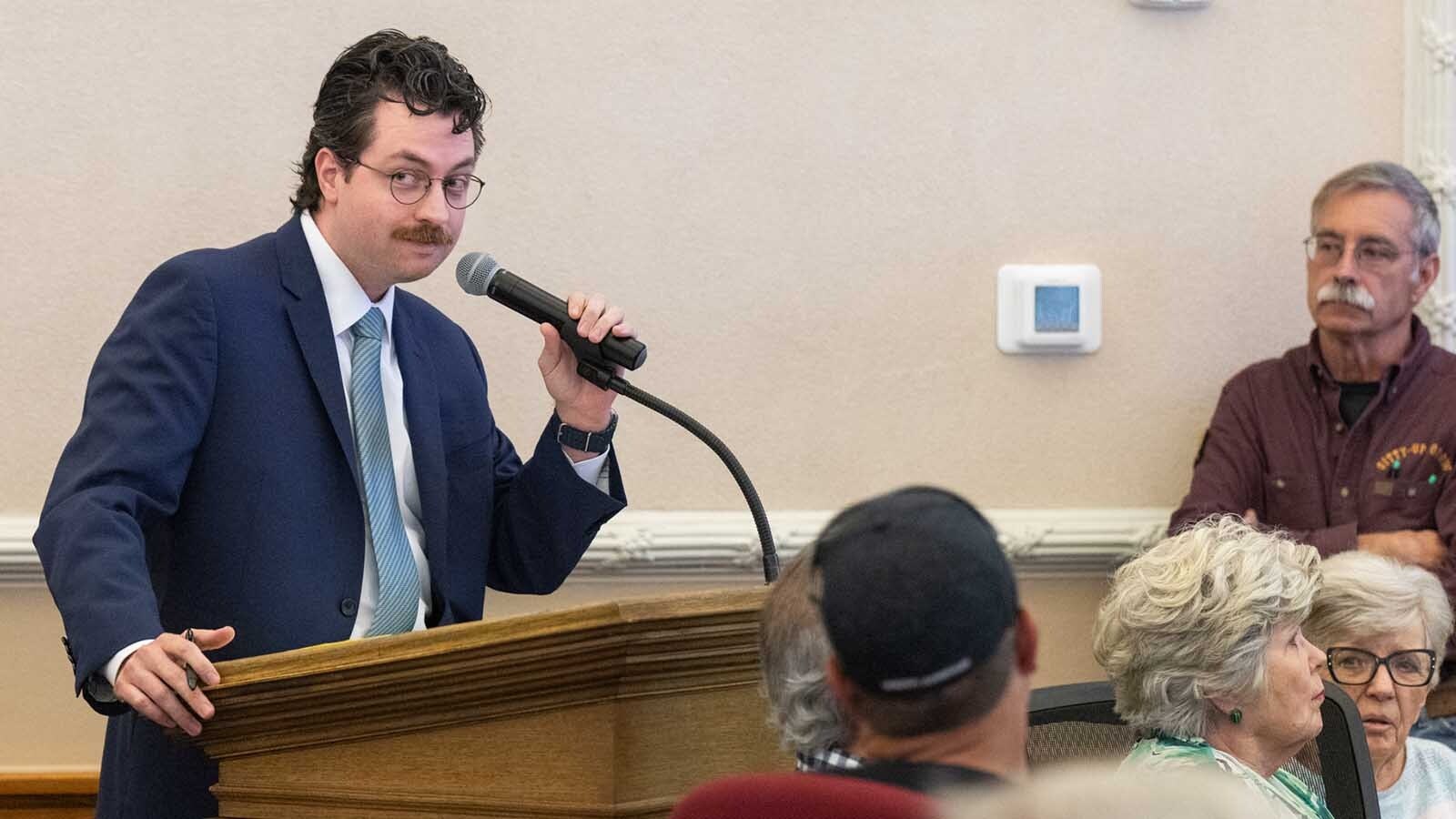Laramie County locals clashed Thursday over a proposed 56,000-acre wind project that would cover an area nearly three times the size of Cheyenne. Some were ranchers advocating for property rights, others for impacts on wildlife like eagles and earthworms. Here, Chrlie Banke with Repsol speaks about the company's wind project proposal.