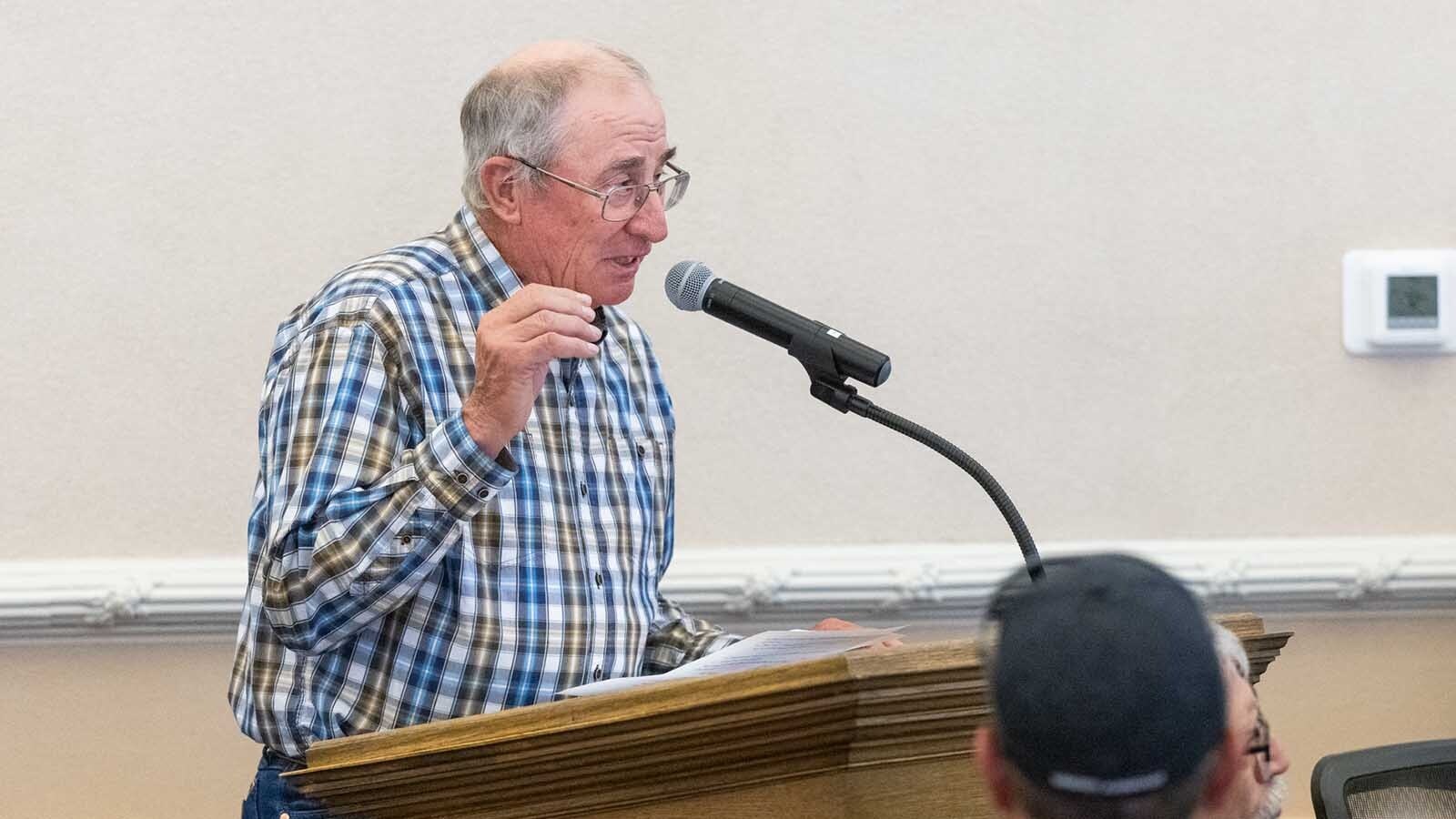 Laramie County locals clashed Thursday over a proposed 56,000-acre wind project that would cover an area nearly three times the size of Cheyenne. Some were ranchers advocating for property rights, others for impacts on wildlife like eagles and earthworms. Here, Charlie Farthing gets his turn to speak about the proposal.