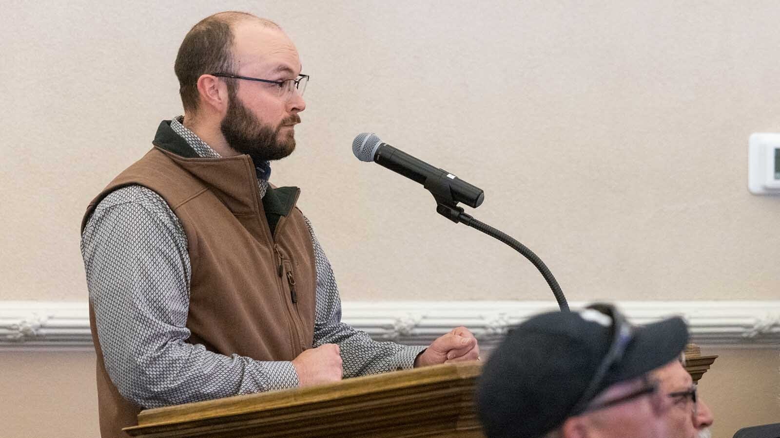 Laramie County locals clashed Thursday over a proposed 56,000-acre wind project that would cover an area nearly three times the size of Cheyenne. Some were ranchers advocating for property rights, others for impacts on wildlife like eagles and earthworms. Here, Jan Van Diest with the True Ranch speaks during the hearing.