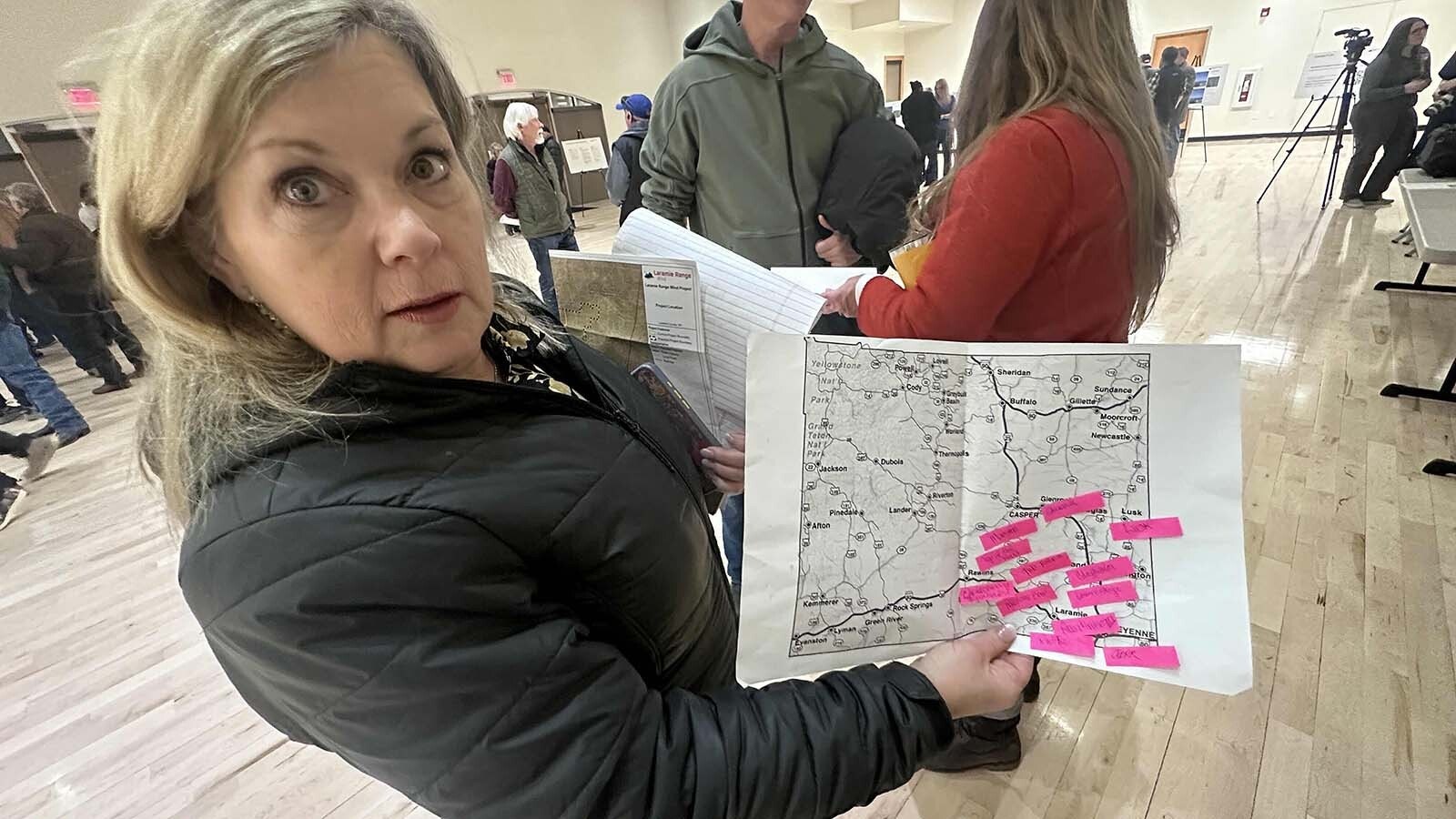 Wind opponent Wendy Volk put the Laramie Range Wind Project in context, creating a map to show it is part of a "Wyoming wind wall," a name she's given the cluster of several existing and proposed wind projects in southeast Wyoming.