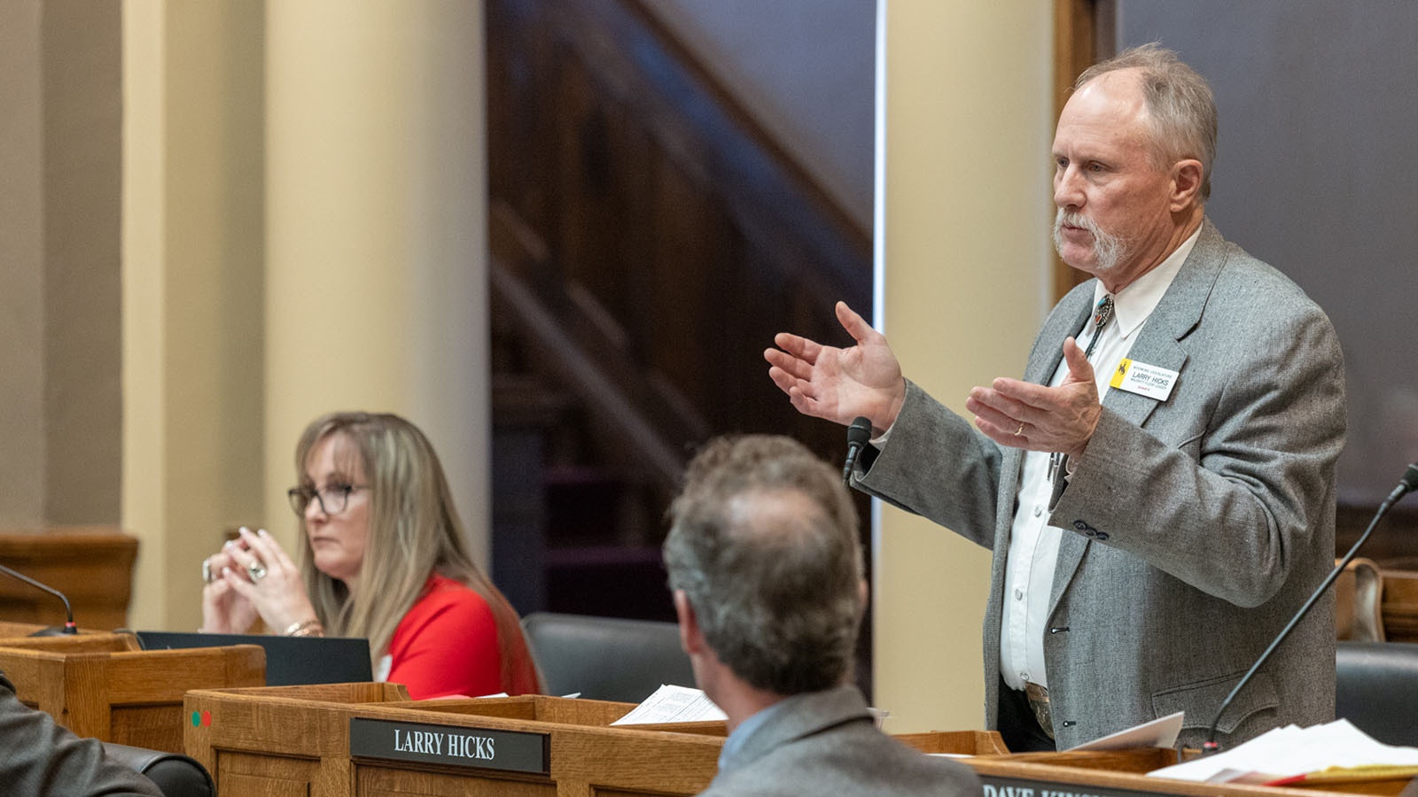 Sen. Larry Hicks argues a point during final budget discussions on the Senate floor Friday.