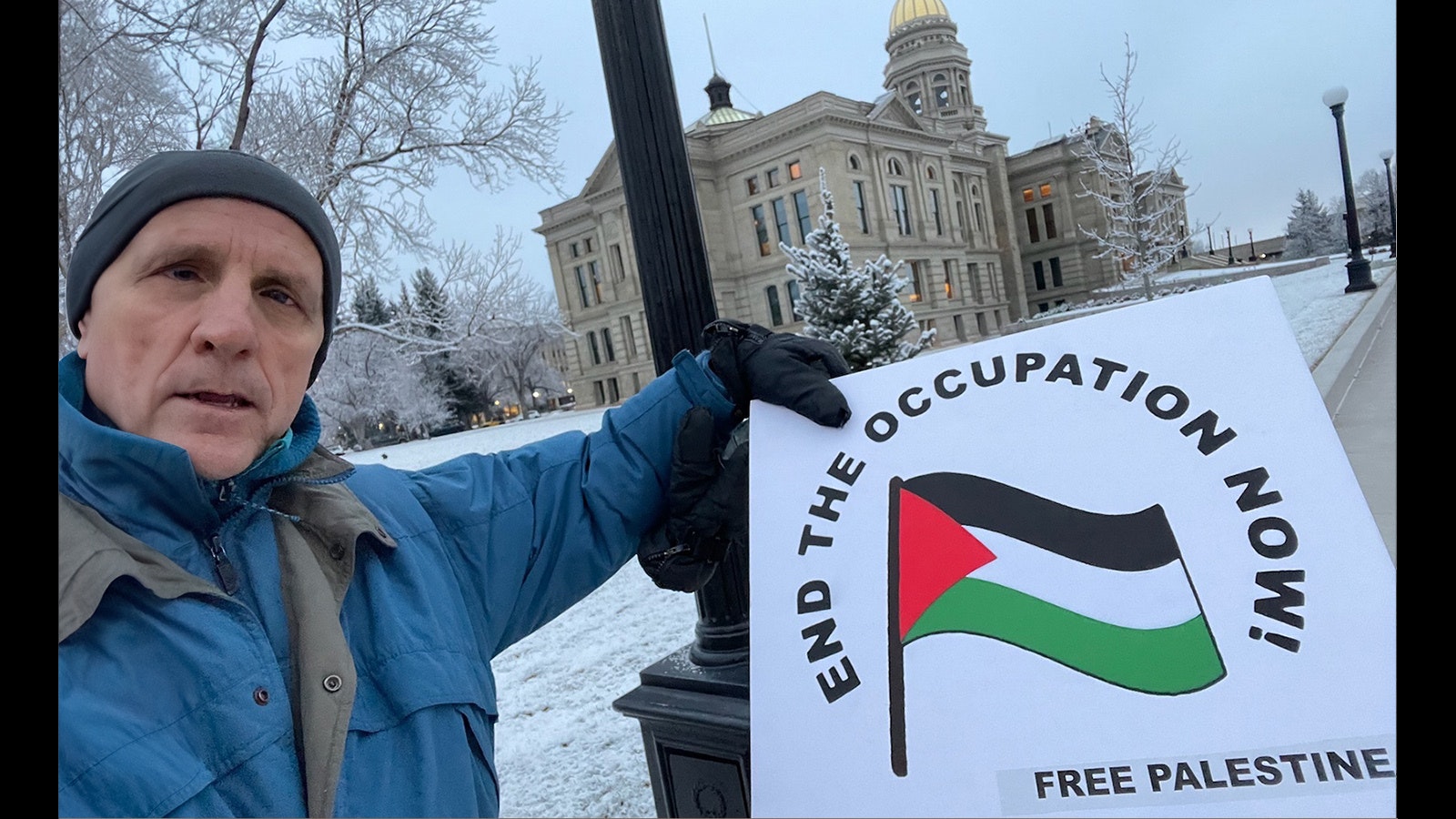 Wyoming native Larry McIlvaine now lives in Jordan, but spent part of his visit back in the Cowboy State last week demonstrating for Palestine at the Capitol in Cheyenne.