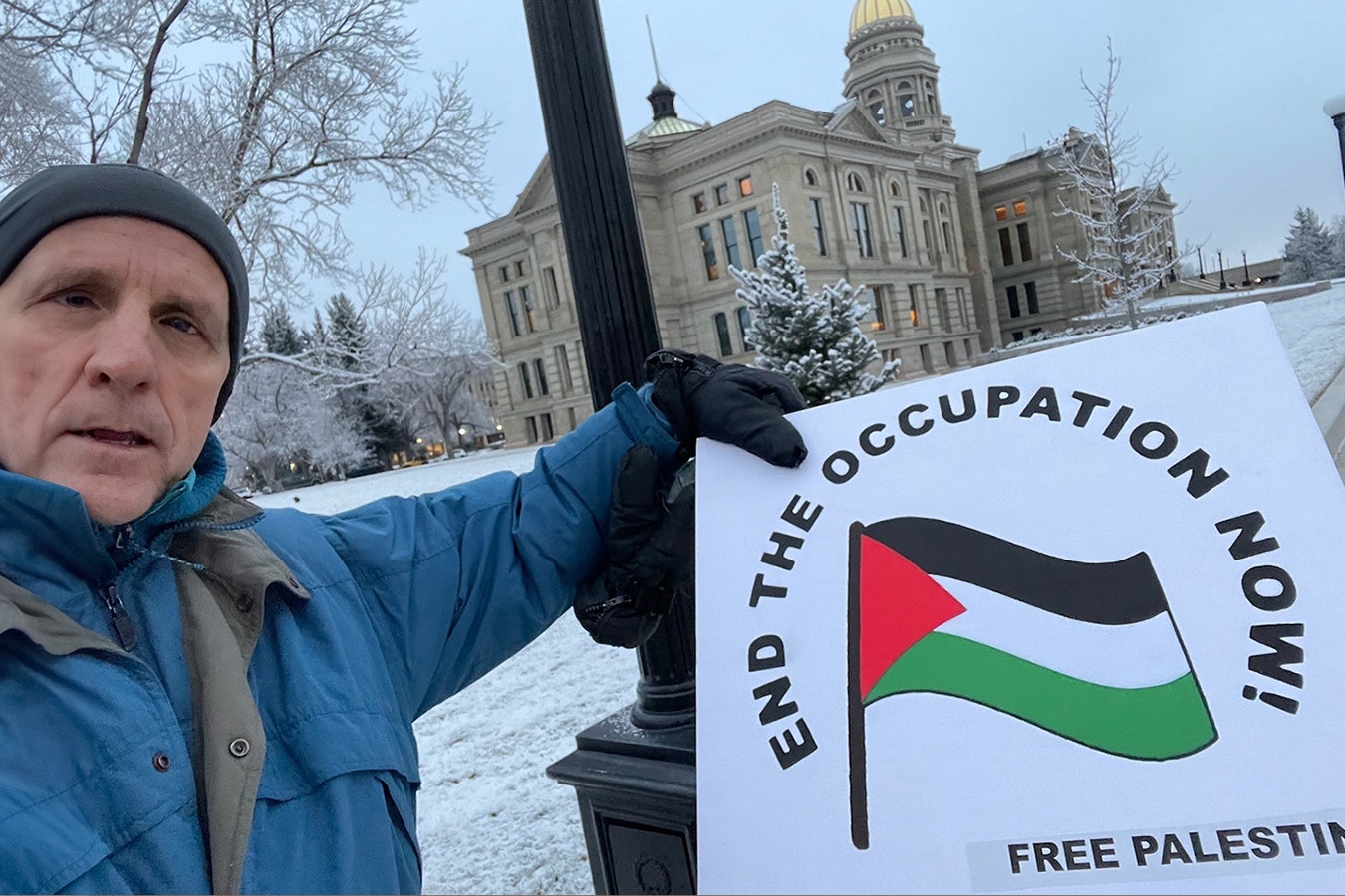 Wyoming native Larry McIlvaine now lives in Jordan, but spent part of his visit back in the Cowboy State last week demonstrating for Palestine at the Capitol in Cheyenne.