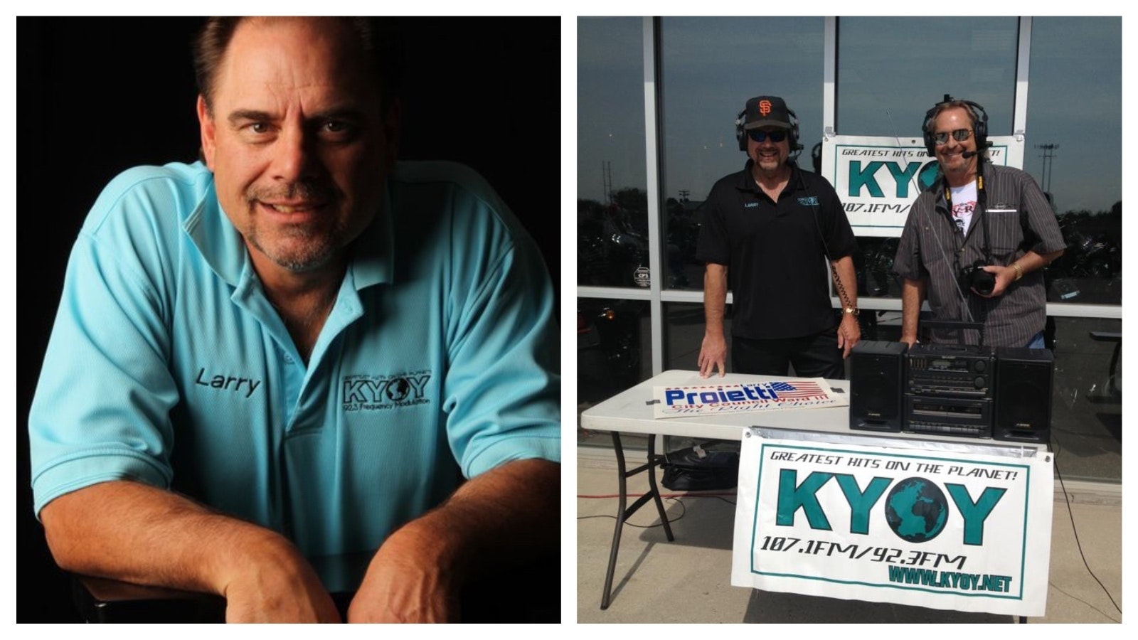 Right, Larry Proietti of KYOY FM, Cheyenne, WY, hosting a live event, the Toy Poker Run at High Country Motorsports in 2012.