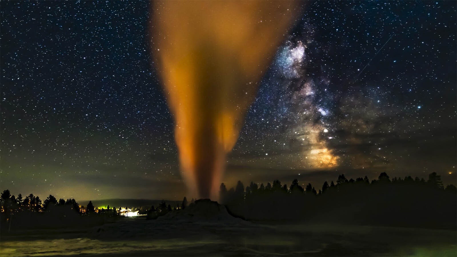 Realizing his vision of capturing this image finally happened when Larry Rogers layered three images taked from the same spot. The result is this stunning shot of Castle Geyser in Yellowstone erupting at night, lit up from behind, with the Milky Way as a backdrop.