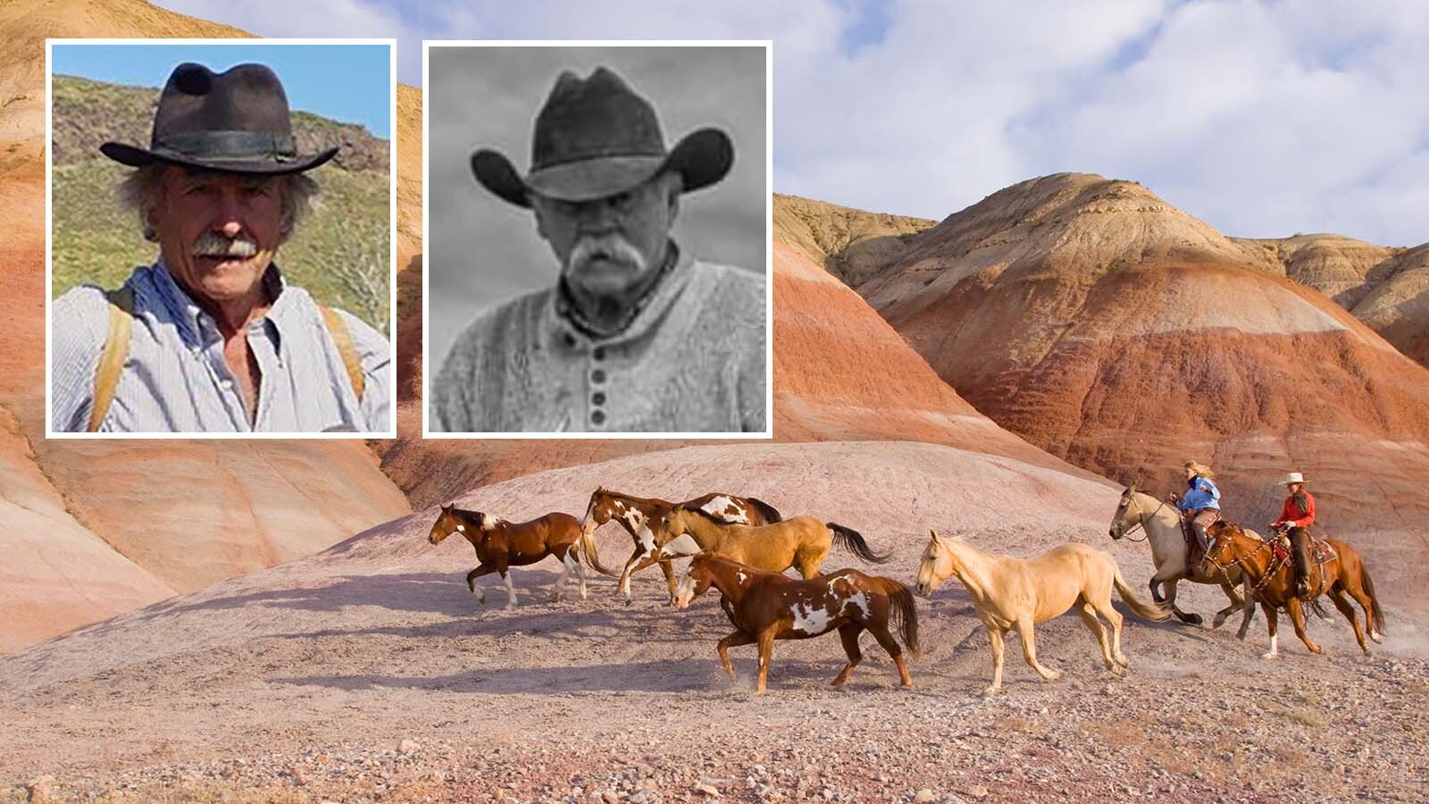 Larry Bentley, inset right, was hired by Ashley Kent Carrithers, left, to trail 30 quarter horses for 450 miles alone across Wyoming and into Colorado. It was 1984, and Bentley took these horses over the Outlaw Trail, where the Hole in the Wall gang used to trail their stolen horses 80 years before.