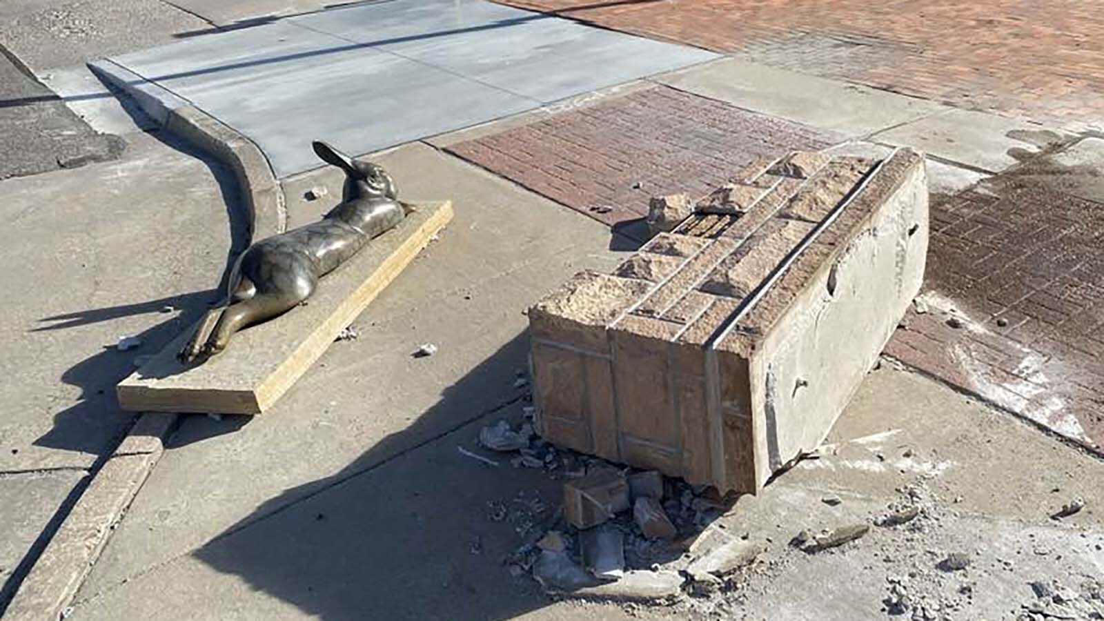 "Lazy Days," a bronze sculpture of a rabbit in downtown Cheyenne, became the latest to be hit and damaged during a Sunday multi-car crash. It’s the third time a driver has taken out one of Cheyenne’s 100 bronze sculptures.