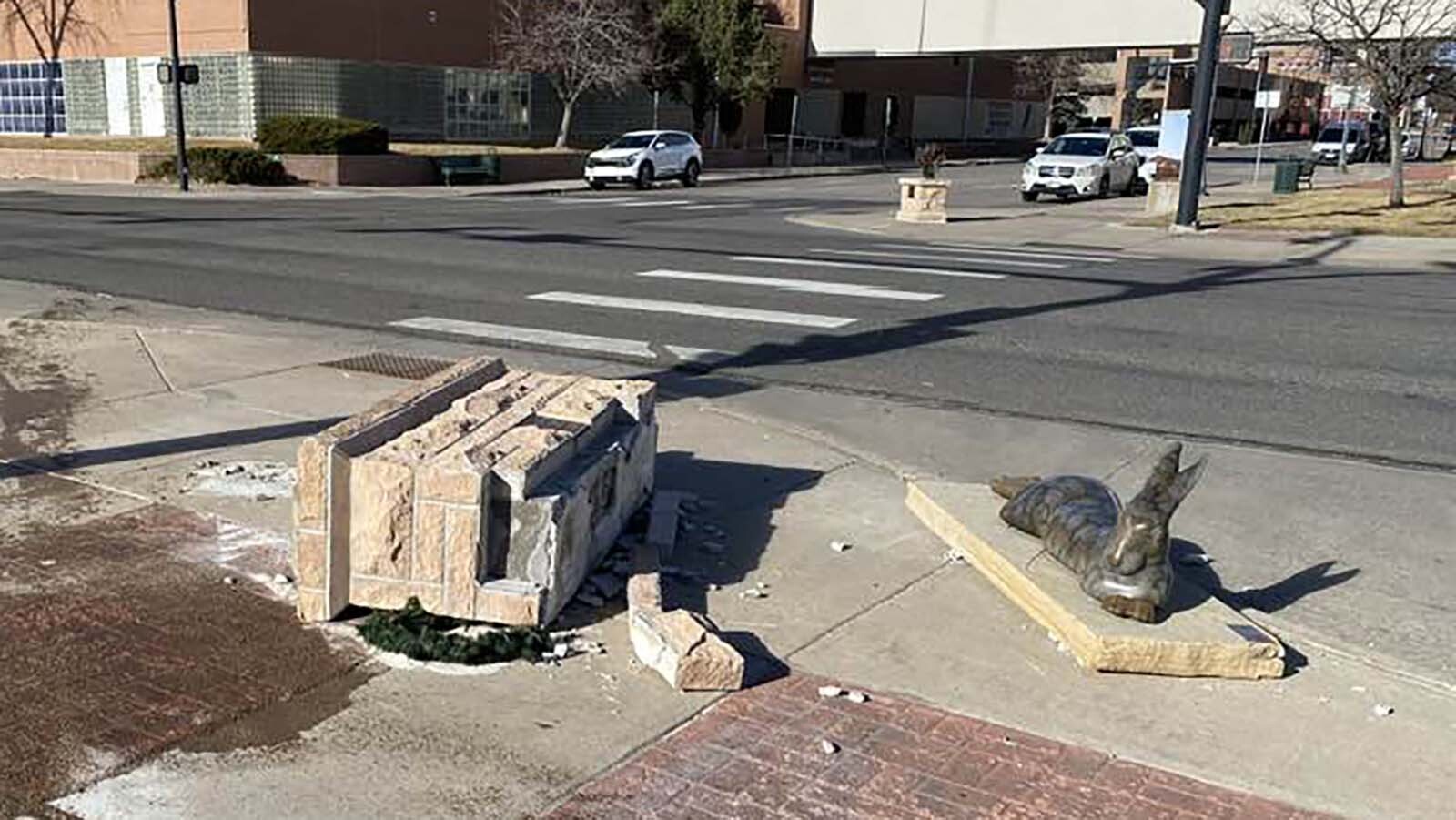 "Lazy Days," a bronze sculpture of a rabbit in downtown Cheyenne, became the latest to be hit and damaged during a Sunday multi-car crash. It’s the third time a driver has taken out one of Cheyenne’s 100 bronze sculptures. The sculpture is across the street from the Laramie County Sheriff's Office.