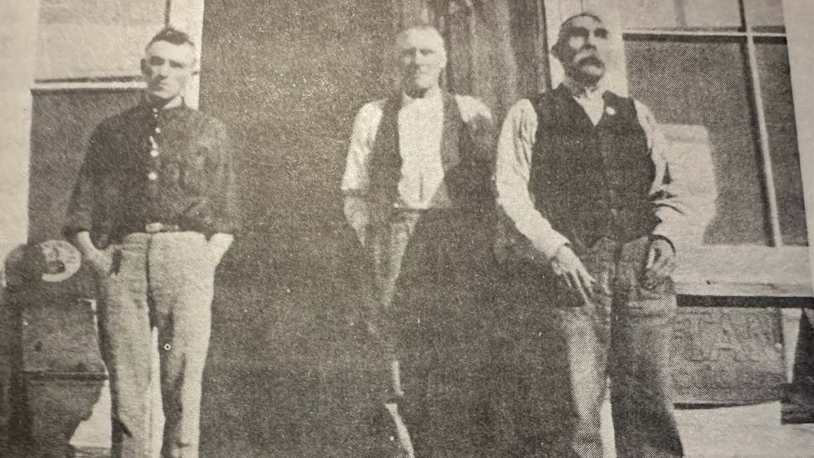 Standing in front of the Smith-Sherlock Store in South Pass City, Wyoming; Donald, John and Peter Sherlock. Peter was blinded in an accident but kept a very full life. People visiting the store would be treated to stories that he would share from the old days of South Pass.