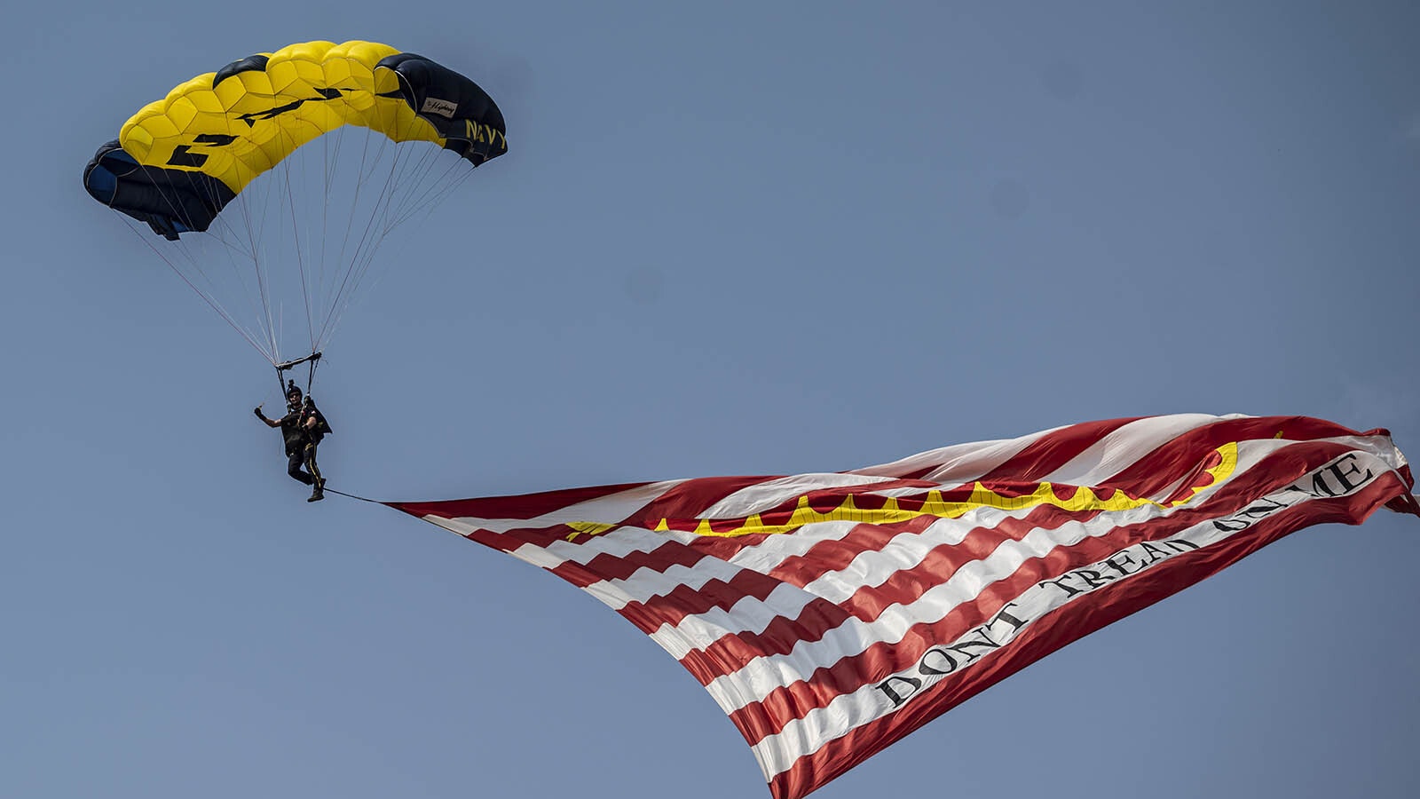 The elite Navy SEAL parachute team Leap Frogs has made a tradition of jumping into the Cheyenne Frontier Days Arena before rodeo performances. The team members then spend time visiting with the public.