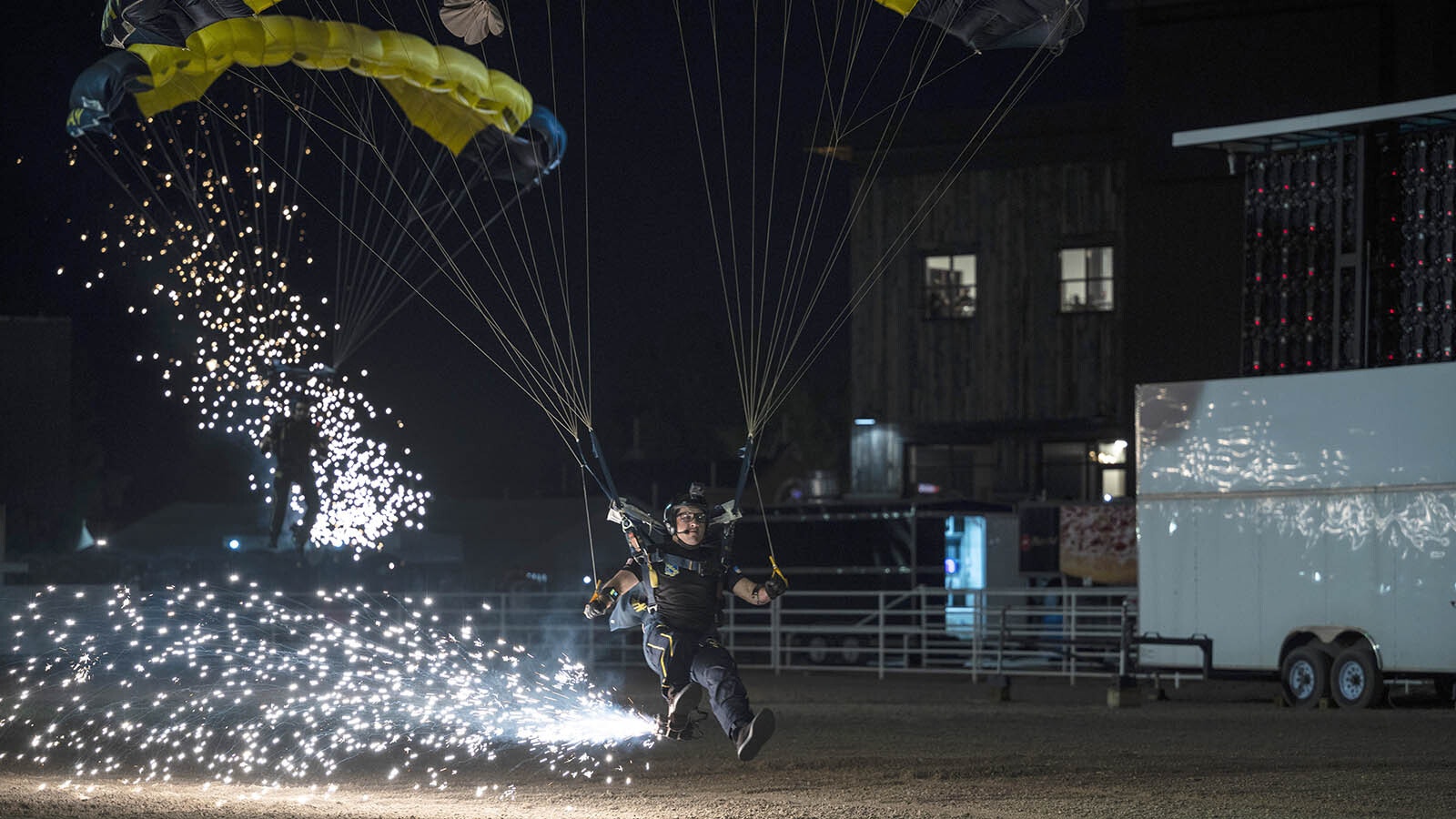 The elite Navy SEAL parachute team Leap Frogs has made a tradition of jumping into the Cheyenne Frontier Days Arena before rodeo performances. The team members then spend time visiting with the public.