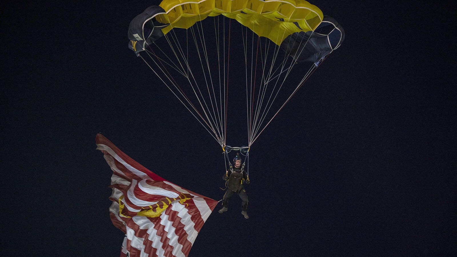 The elite Navy SEAL parachute team Leap Frogs has made a tradition of jumping into the Cheyenne Frontier Days Arena before rodeo performances. The team members then spend time visiting with the public.