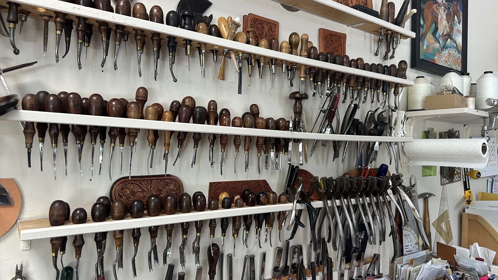 Master Leather Craftsman Jackson of Sheridan, Wyoming, has been making leather designs since he was a teenager. In the early days, he had to make his own tools which he still uses to this day. He also now uses store bought tools as well. Each tool has a purpose, from stamping to fine shading work, which Jackson uses to create his unique pieces of art.