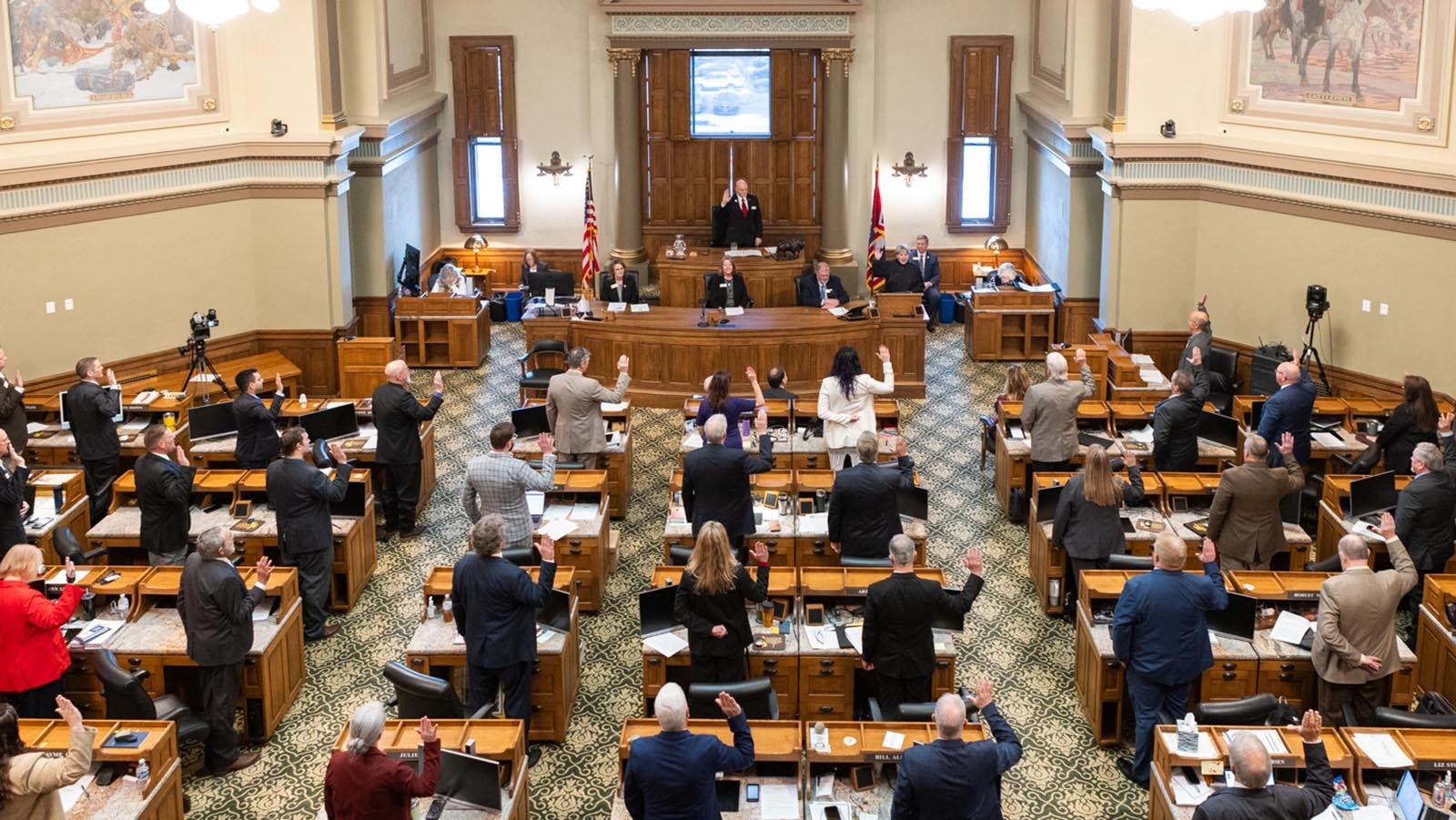 The Wyoming House of Representatives members are sworn in on the first day of the 2025 Wyoming General Session, Jan. 14, 2025,  at the state Capitol in Cheyenne.