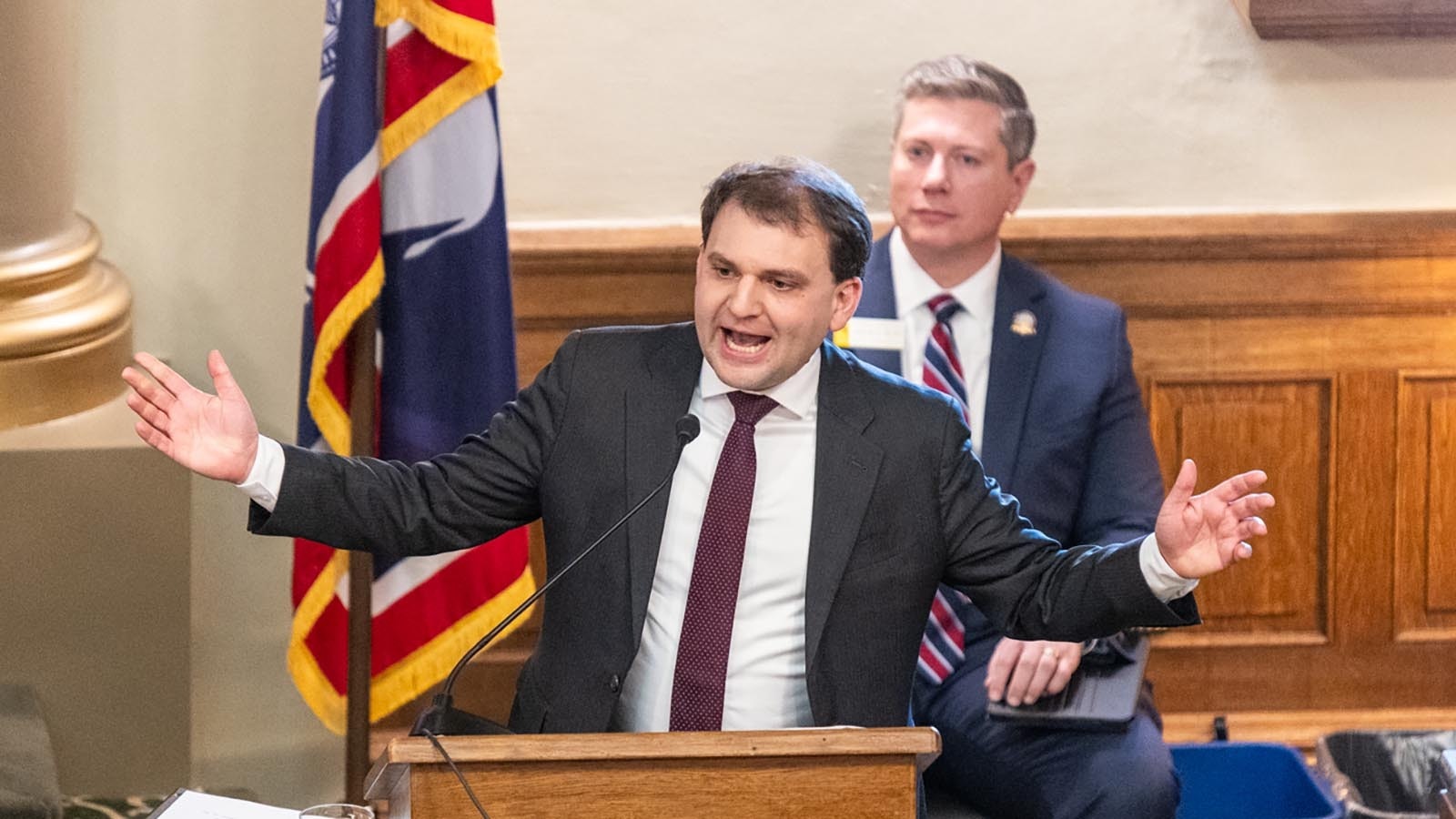 Secretary of State Chuck Gray talks to legislators on the first day of the 2025 Wyoming legislative session on Tuesday, Jan. 14, 2025.