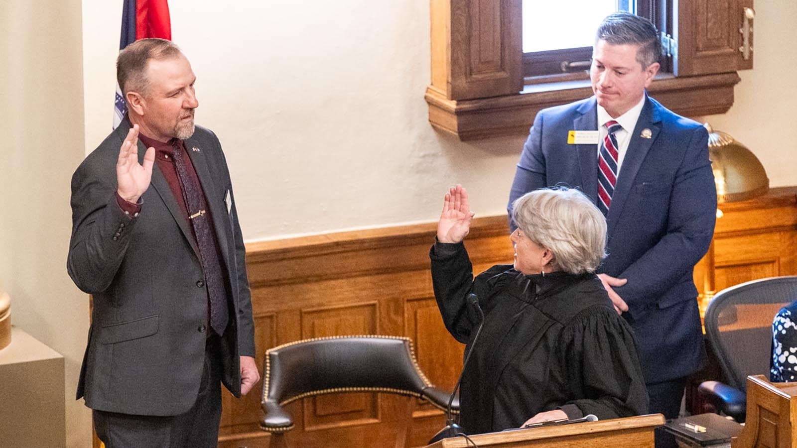 House Speaker Chip Neiman, R-Hulett, is sworn in on the first day of the 2025 Wyoming General Session, Jan. 14, 2025, at the state Capitol in Cheyenne.