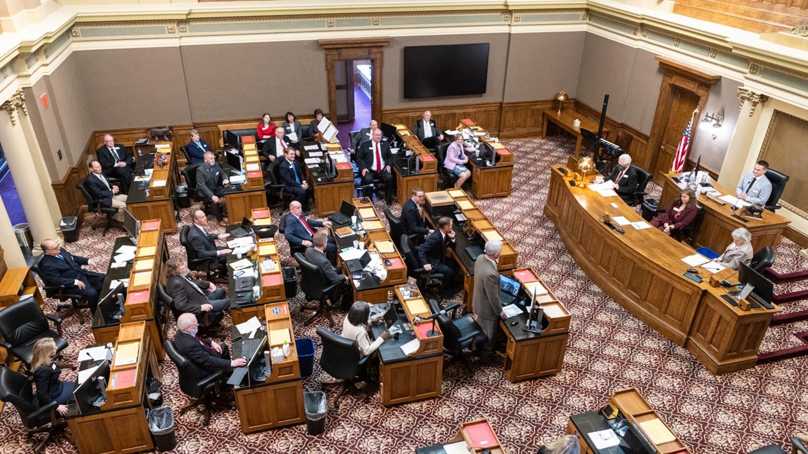 The Wyoming Senate gathers in its chamber for the first day of the 2025 session.