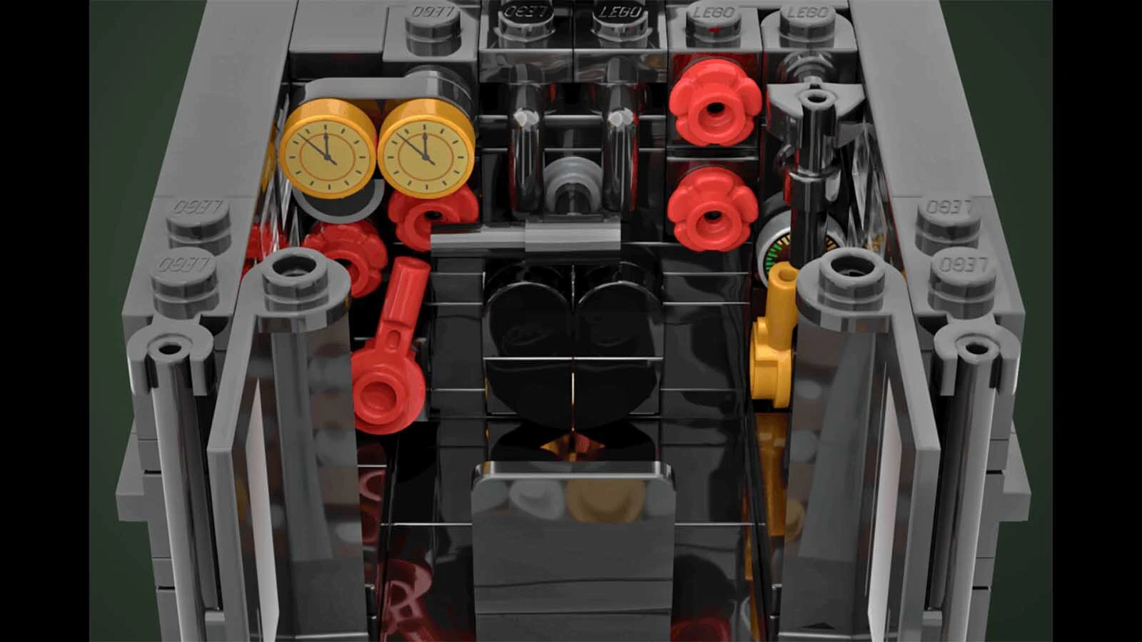 A closeup of the inside of Olivier Dupon's Big Boy 4014 LEGO kit design.