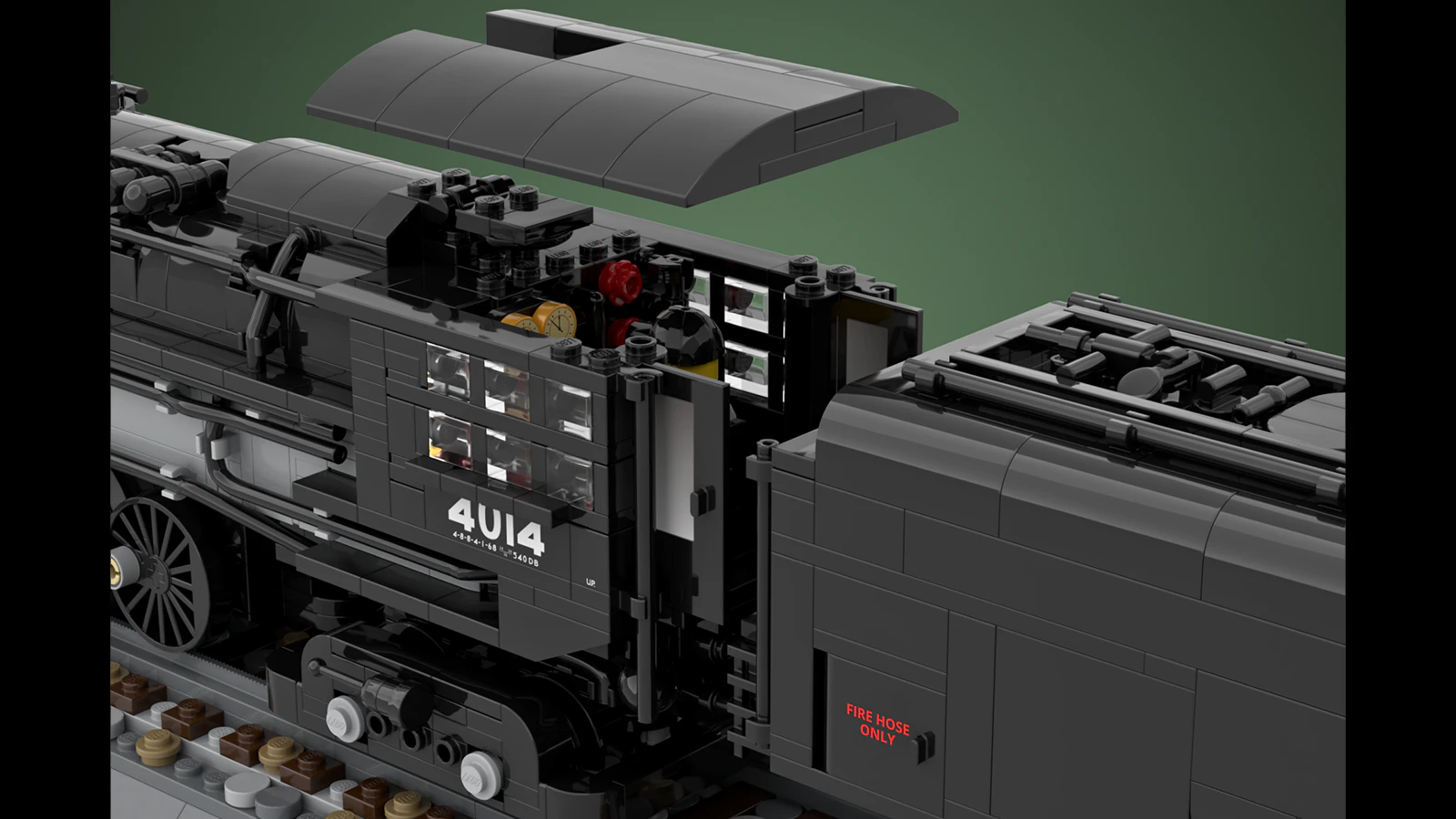 A removable top allows people to look inside the Big Boy LEGO kit designed by Olivier Dupon.