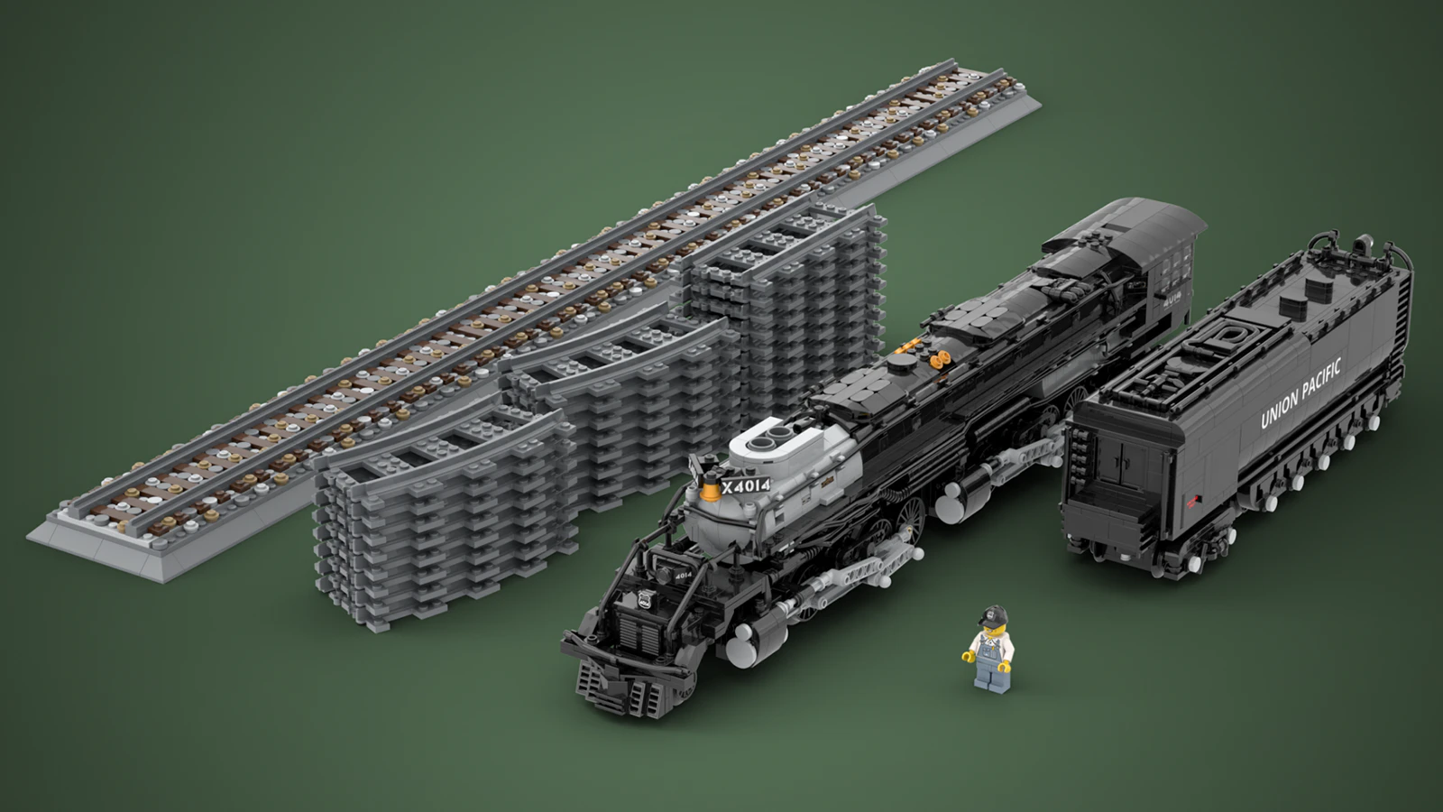 Olivier Dupon's Big Boy LEGO kit design includes track for the motorized model to run on.