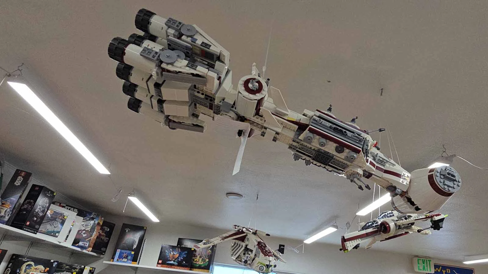 Some of the lego projects hang from the ceiling at Wyoming BrickWorks.