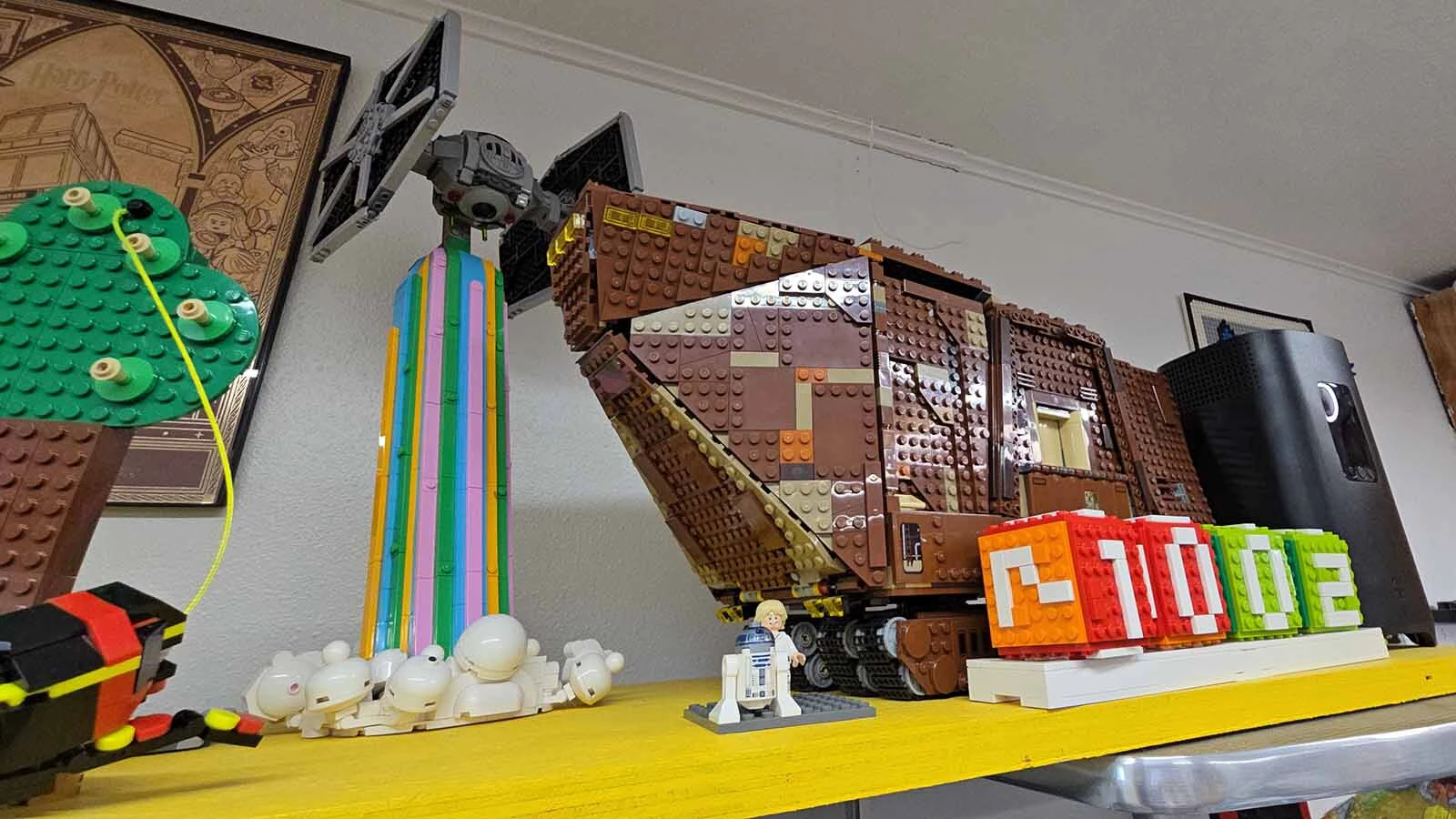 Some of the completed LEGO projects at Wyoming Brickworks.