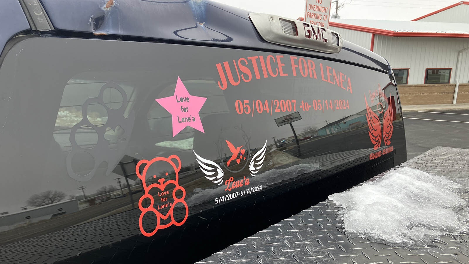 David Henrikson has decorated the back window of his truck to honor his daughter. “You definitely know who you are following when you are behind me,” he said.