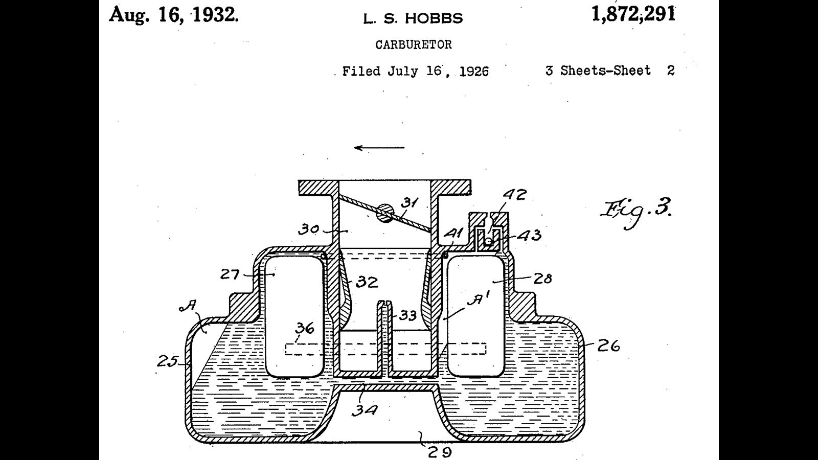 A drawing of the carburetor on a Leonard Hobbs patent application. His carburetor design ensured aircraft could fly upside down or sideways without gas cutting out.