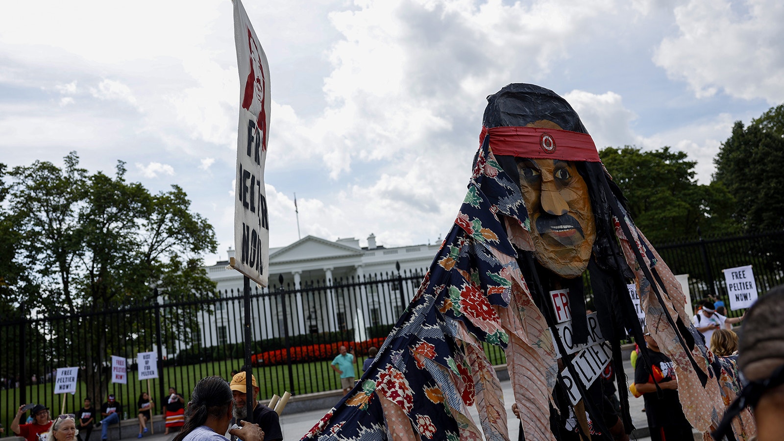 Activists participate in a protest to urge U.S. President Joe Biden to grant Native American activist Leonard Peltier clemency outside of the White House on Sept. 12, 2023, in Washington, D.C. Activists, who cite anti-Indigenous bias surrounding Peltier’s trial, want the President to give leniency to Peltier who is serving two life sentences for the murder of two FBI agents on the Pine Ridge Indian Reservation in South Dakota in 1975.