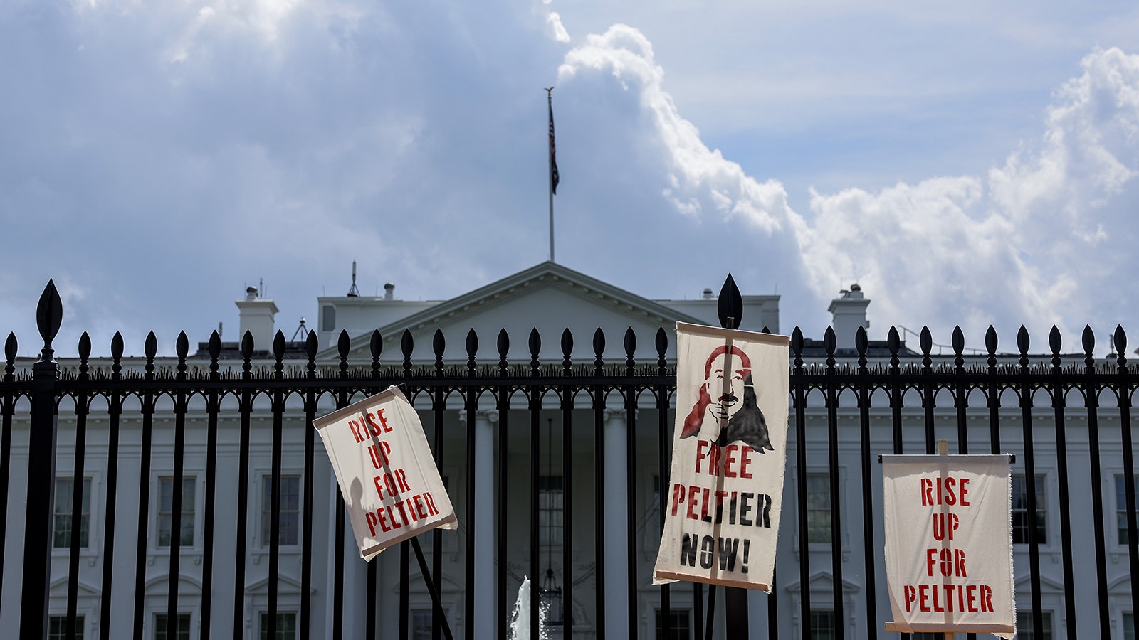 Activists participate in a protest to urge U.S. President Joe Biden to grant Native American activist Leonard Peltier clemency outside of the White House on Sept. 12, 2023, in Washington, D.C. Activists, who cite anti-Indigenous bias surrounding Peltier’s trial, want the President to give leniency to Peltier who is serving two life sentences for the murder of two FBI agents on the Pine Ridge Indian Reservation in South Dakota in 1975.