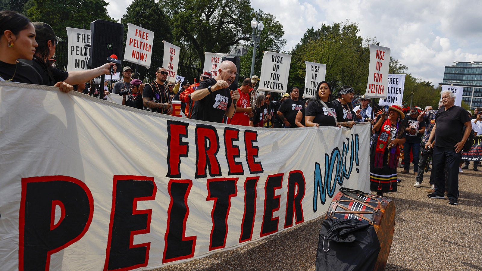 Activists participate in a protest to urge U.S. President Joe Biden to grant Native American activist Leonard Peltier clemency outside of the White House on Sept. 12, 2023, in Washington, D.C. Activists, who cite anti-Indigenous bias surrounding Peltier’s trial, want the President to give leniency to Peltier who is serving two life sentences for the murder of two FBI agents on the Pine Ridge Indian Reservation in South Dakota in 1975.