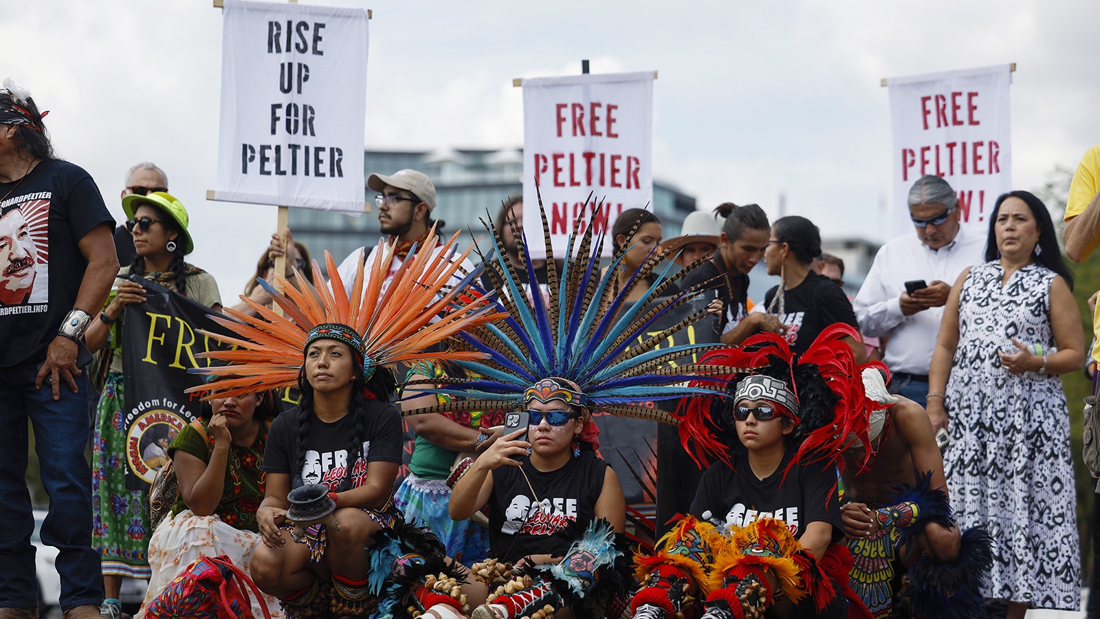 Activists participate in a protest to urge U.S. President Joe Biden to grant Native American activist Leonard Peltier clemency outside of the White House on Sept. 12, 2023, in Washington, D.C. Activists, who cite anti-Indigenous bias surrounding Peltier’s trial, want the President to give leniency to Peltier who is serving two life sentences for the murder of two FBI agents on the Pine Ridge Indian Reservation in South Dakota in 1975.