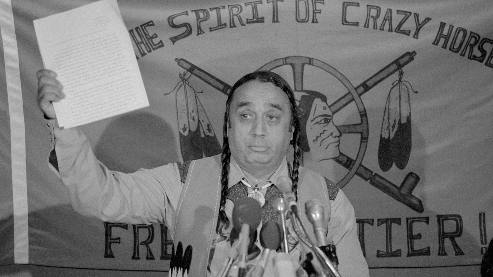 Chief Billy Tayac of the Piscataway Indian Nation displays a letter from the imprisoned American Indian Movement leader Leonard Peltier at a press conference. In the letter, Peltier appeals to the Soviet Union to grant him "political asylum." Peltier, 42, is serving two consecutive life terms in a federal prison for the shooting deaths of two FBI agents on the pine Ridge Indian reservation in South Dakota in 1975.