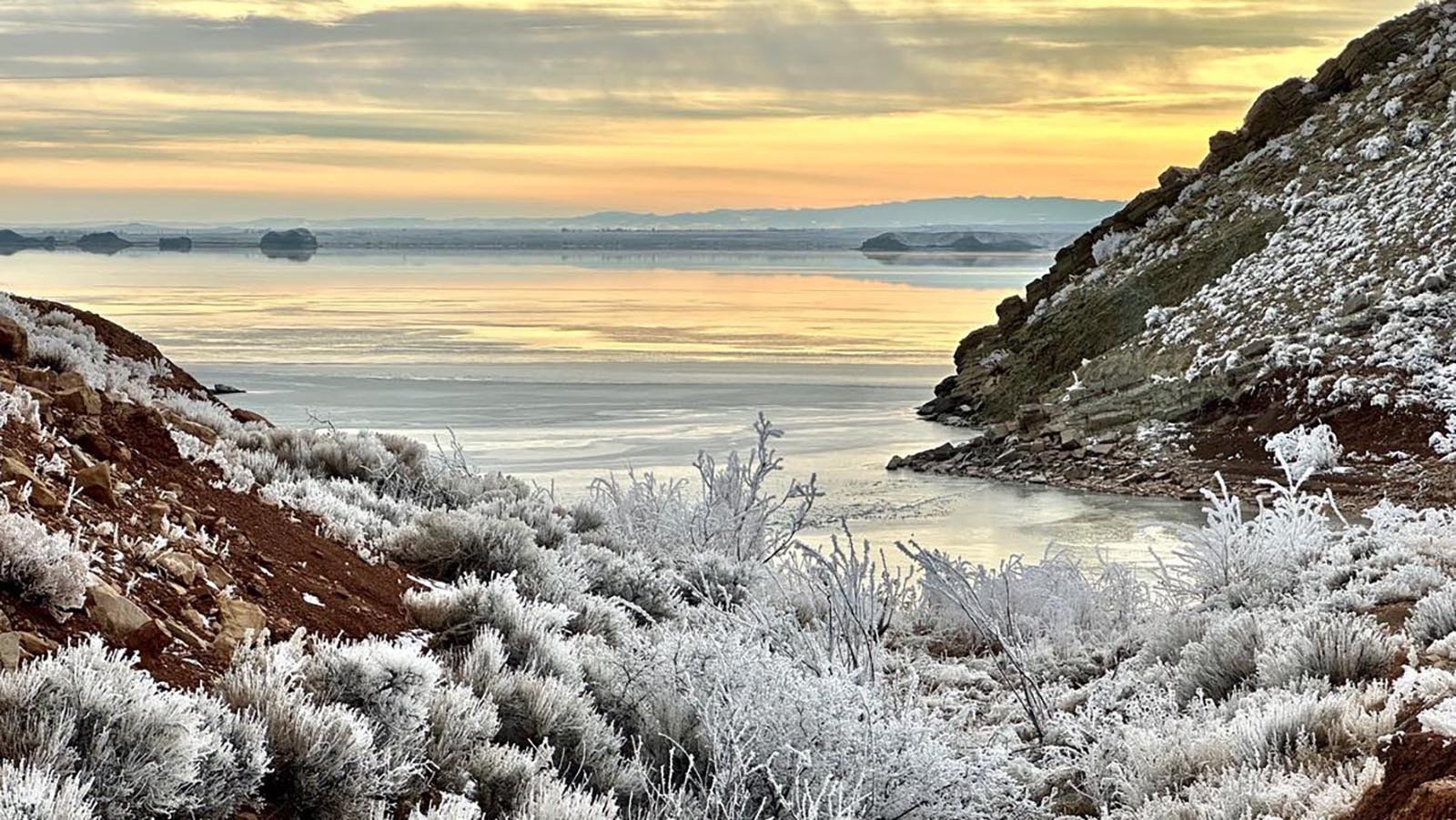 Late afternoon in January with beautiful rime ice covering everything at Boysen Reservoir.