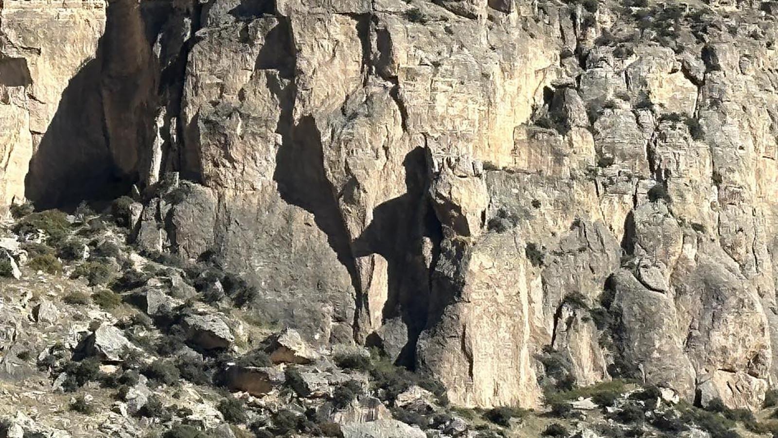 “I call him the ancient guardian wielding a club,” Lesleigh Ann Schaefer says. He can be seen only in the morning while driving Highway 435 (a dirt road) in the Ten Sleep Canyon