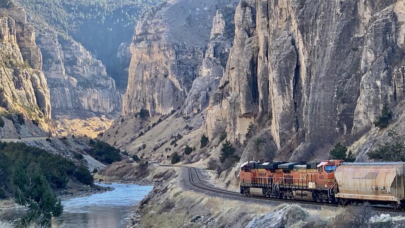 Train traveling through the Wind River Canyon.